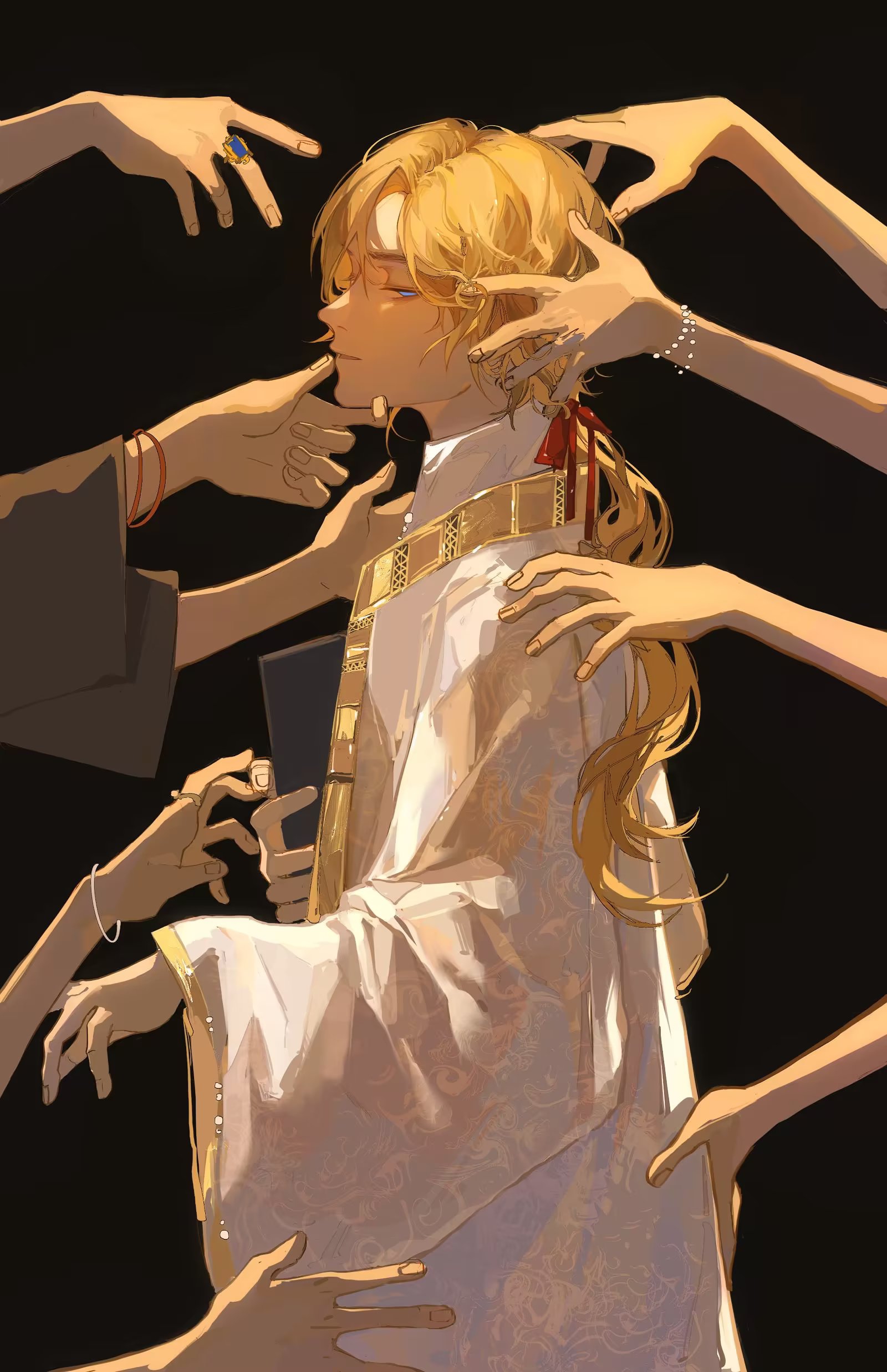 original, absurdres, chinese commentary, highres, procreate (medium), 1boy, black background, blonde hair, blue eyes, book, bracelet, curtained hair, from side, frown, hair between eyes, hair ribbon, half-closed eyes, hand on another's chin, hand on another's head, hand on another's hip, hand on another's shoulder, holding, holding book, jewelry, long hair, long sleeves, looking at viewer, low ponytail, male focus, ornate ring, out of frame, pearl bracelet, ponytail, profile, reaching, reaching towards another, red ribbon, ribbon, ring, robe, sideways glance, solo focus, too many arms, white robe, wide sleeves, yilengshisanlengzhudeyigeleng