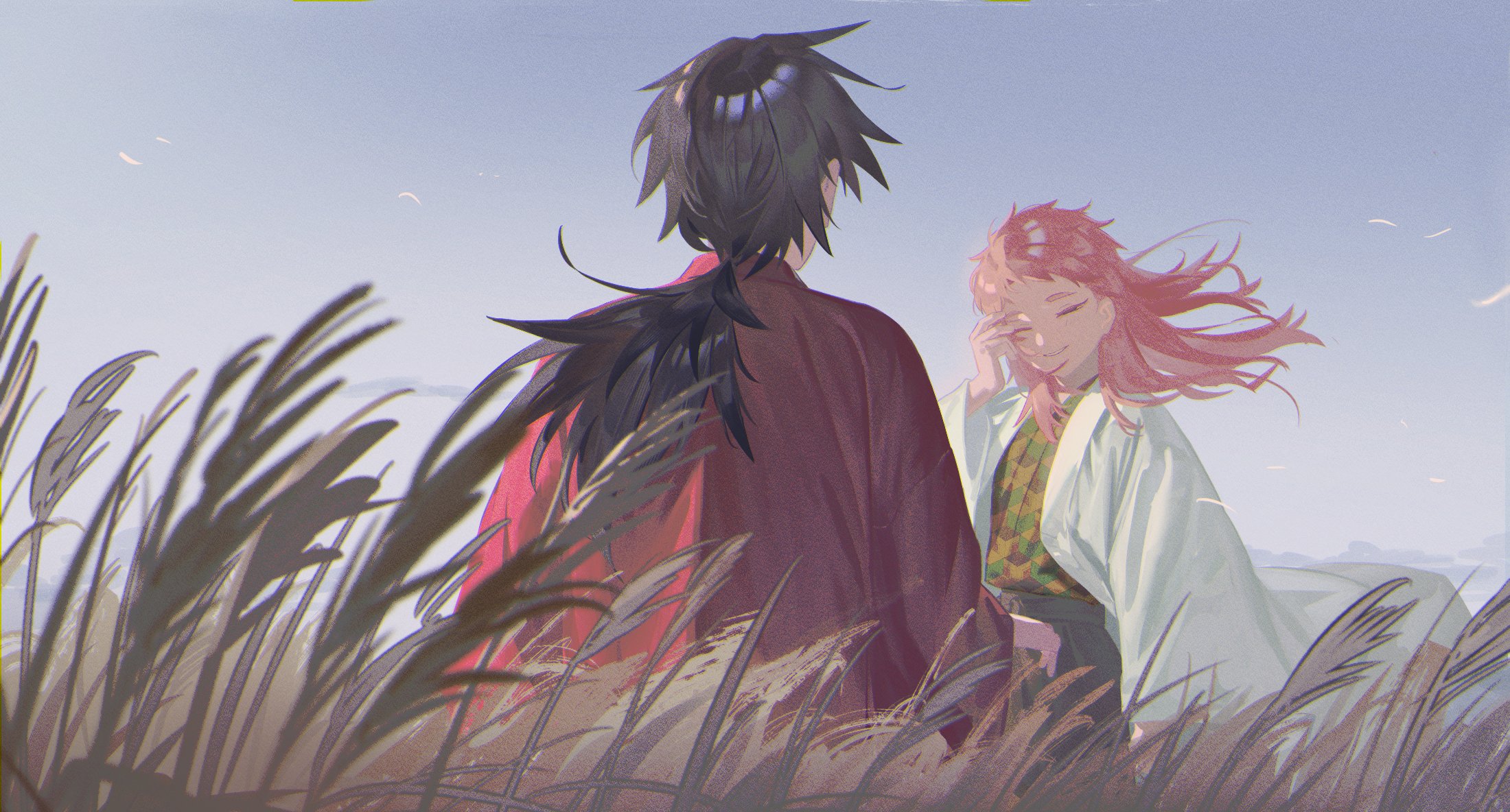 tomioka giyuu, kimetsu no yaiba, character request, commentary request, highres, 2boys, black hair, closed eyes, closed mouth, from behind, japanese clothes, long hair, low ponytail, male focus, moutghn, multiple boys, parted lips, pink hair, ponytail, short hair, sky, wheat field