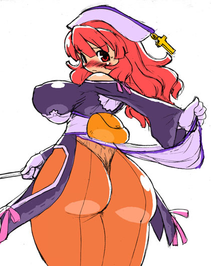 prier, la pucelle, artist request, 1girl, ass, black dress, blush, breasts, clothes lift, cross, dress, dress lift, female focus, from behind, gloves, hip focus, huge breasts, long hair, long sleeves, looking at viewer, looking back, nun, panties, pantyhose, red eyes, red hair, solo, sweat, underwear, white background, white gloves, wide hips