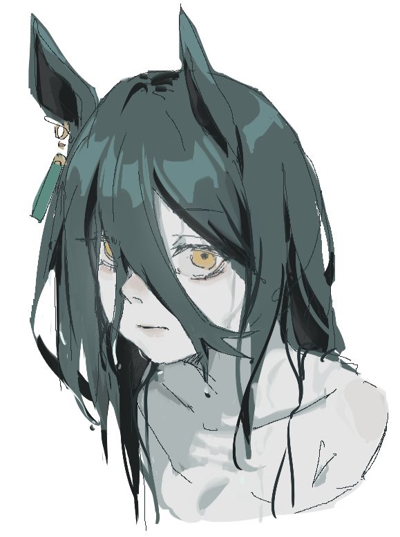 dom1, manhattan cafe (umamusume), umamusume, 1girl, animal ears, bare shoulders, black hair, closed mouth, collarbone, ear ornament, ear tag, earrings, expressionless, hair between eyes, horse ears, horse girl, jewelry, long bangs, long hair, long hair between eyes, pale skin, simple background, single earring, solo, white background, yellow eyes