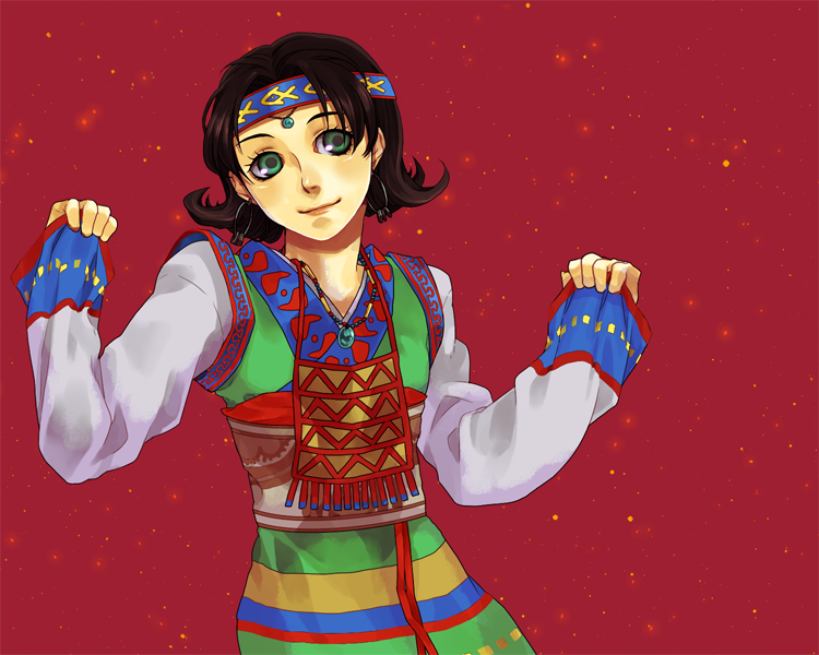 bgk, yumei (valkyrie profile), yumei (vp), valkyrie profile (series), bad id, bad pixiv id, 1girl, ainu clothes, brown hair, female focus, flipped hair, green eyes, headband, jewelry, necklace, red background, short hair, solo