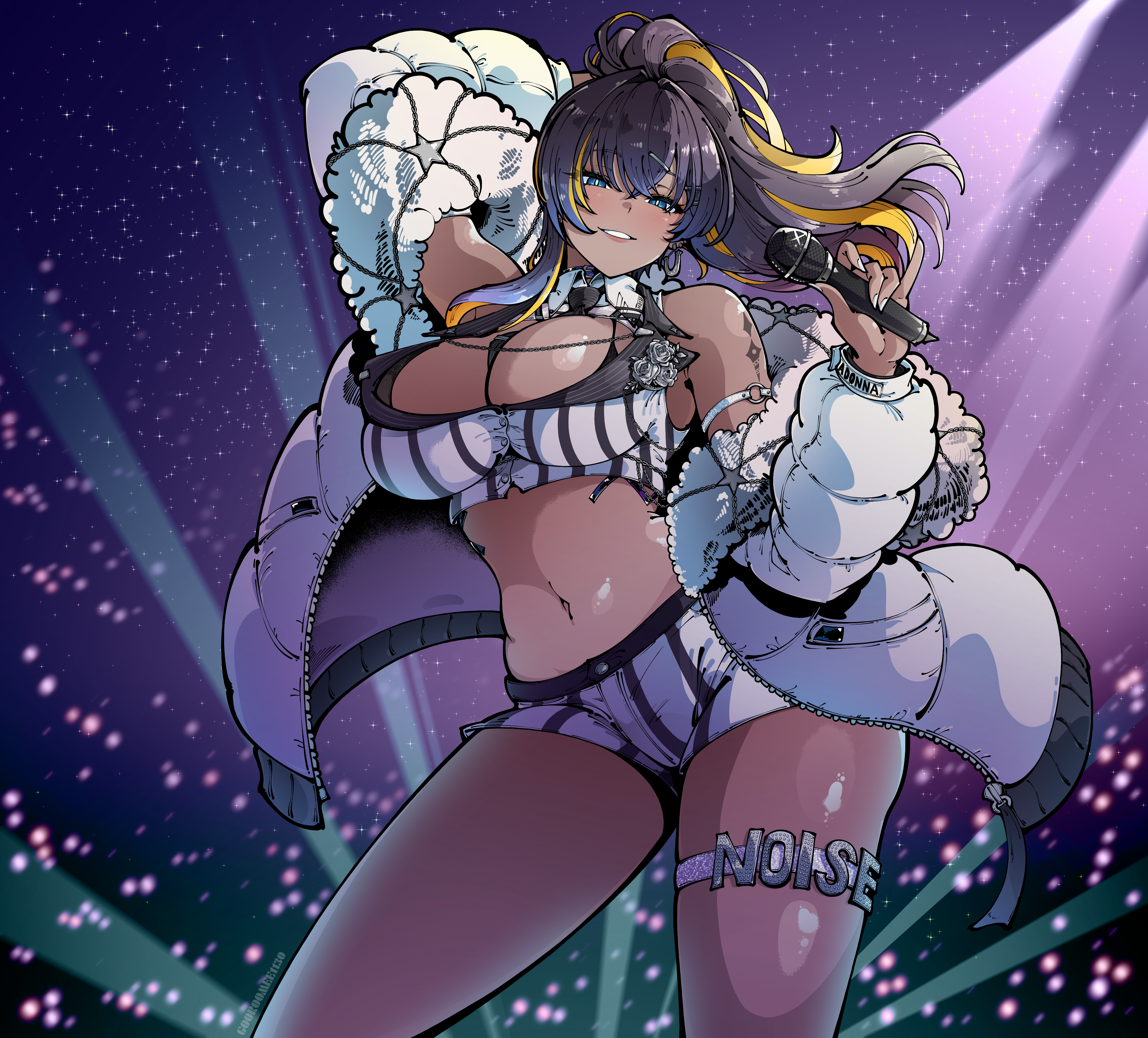 gooroomee, noise (classic diva) (nikke), noise (nikke), goddess of victory: nikke, absurdres, highres, 1girl, breasts, coat, concert, dark skin, horseshoe earrings, official alternate costume, puffy coat, shorts, smile, solo, striped clothes, striped shorts, thighs, vertical-striped clothes, vertical-striped shorts, white nails