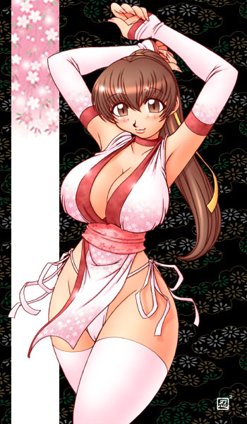 kenix, kasumi (doa), dead or alive, 1girl, breasts, brown eyes, brown hair, choker, cleavage, curvy, elbow gloves, female focus, gloves, hip focus, large breasts, long hair, panties, ponytail, side-tie panties, solo, thighhighs, underwear, white panties, wide hips