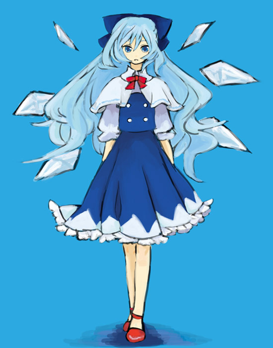 kaprice, cirno, touhou, 1girl, alternate hair length, alternate hairstyle, blue eyes, blue hair, capelet, female focus, long hair, matching hair/eyes, solo, standing, wings