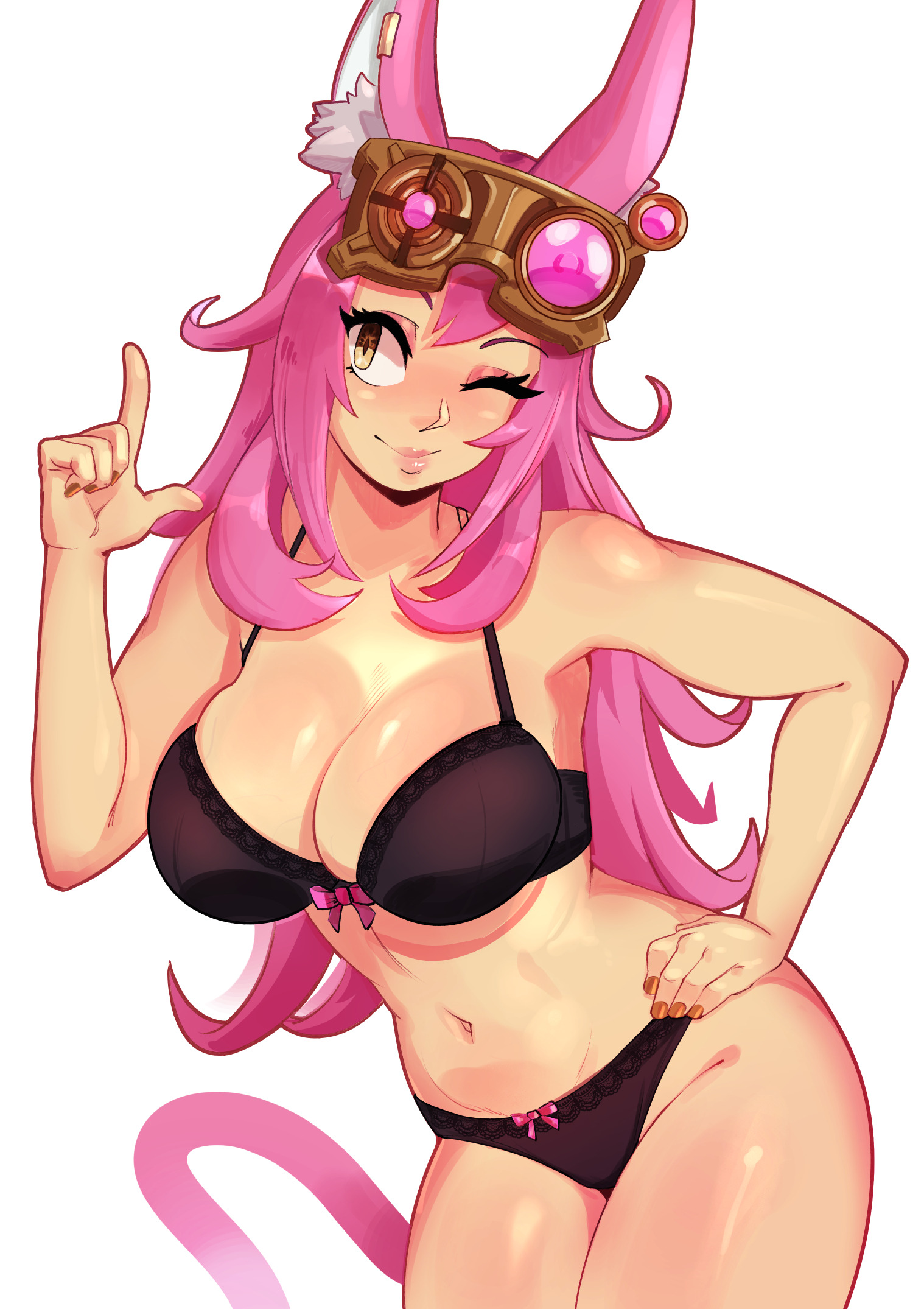 cheekyboba, character request, commission, copyright request, highres, 1girl, animal ear fluff, animal ears, black bra, black panties, bow, bow bra, bow panties, bra, breasts, cat ears, cat girl, cat tail, cleavage, closed mouth, cowboy shot, hand on own hip, large breasts, navel, one eye closed, panties, pink fur, pink hair, simple background, smile, solo, tail, underwear, underwear only, white background