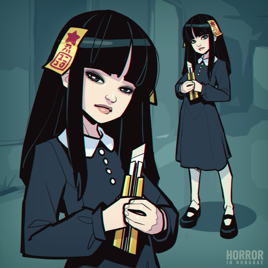 david goujard, character request, 1girl, black hair, blunt bangs, boxcutter, dress, full body, hime cut, holding, horror in hongdae, long hair, long sleeves, looking at viewer, mary janes, multiple views, ofuda, pantyhose, shoes, standing, white pantyhose
