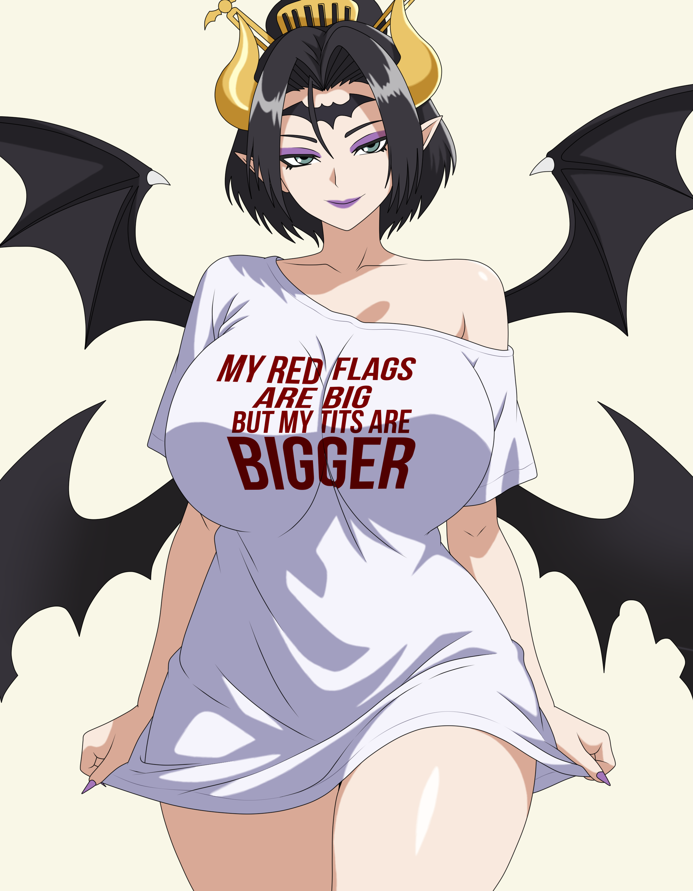 tsubasadraw, lilithmon, digimon, absurdres, commentary, highres, 1girl, alternate costume, black hair, blue eyes, breasts, closed mouth, clothes writing, collarbone, cowboy shot, demon girl, demon horns, demon wings, digimon (creature), eyeshadow, facial mark, forehead mark, hair ornament, hair stick, horns, large breasts, looking at viewer, makeup, meme, multiple wings, my red flags are big but my boobs are bigger (meme), parted bangs, pointy ears, purple eyeshadow, purple lips, purple nails, shirt, short hair, short sleeves, simple background, single bare shoulder, smile, solo, standing, t-shirt, white shirt, wings
