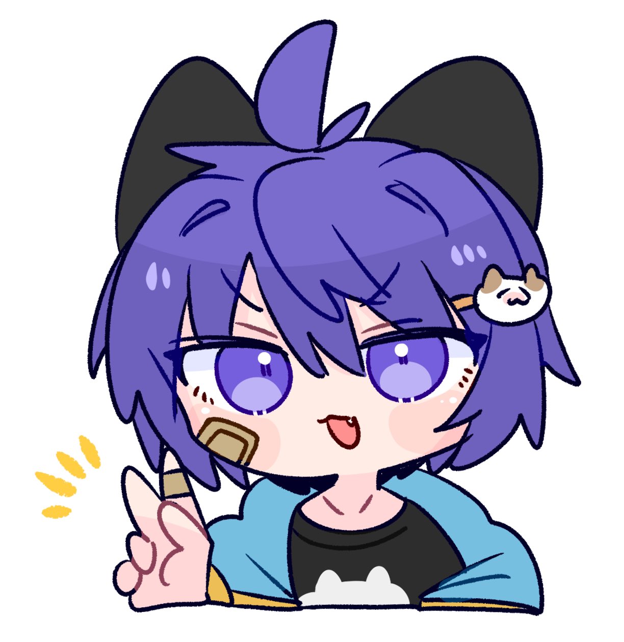 op na yarou, original, character request, commentary, highres, 1boy, :3, ahoge, animal ears, bandaid, bandaid on cheek, bandaid on face, bandaid on finger, bandaid on hand, black shirt, blue jacket, borrowed character, cat hair ornament, chibi, chibi only, collarbone, fang, hair between eyes, hair intakes, hair ornament, hand up, jacket, light blush, looking at viewer, male focus, messy hair, no nose, open clothes, open jacket, open mouth, portrait, print shirt, purple eyes, purple hair, shirt, short hair, sidelocks, simple background, solo, v, v-shaped eyebrows, white background, yellow trim