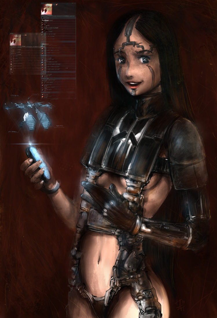 amrrr, eve online, commentary, english commentary, 1girl, armor, black armor, black hair, breasts, brown background, brutor tribe (eve online), cellphone, combat ship (eve online), facial mark, facial tattoo, frigate (eve online), gloves, glowing, grey eyes, hands up, holding, holding phone, hologram, holographic interface, light smile, lips, long sleeves, looking at viewer, medium breasts, military vehicle, minmatar republic (eve online), navel, nose, open mouth, phone, rifter (eve online), science fiction, single glove, single sleeve, smartphone, smile, solo, spacecraft, stomach, straight hair, tattoo, teeth, upper body, upper teeth only