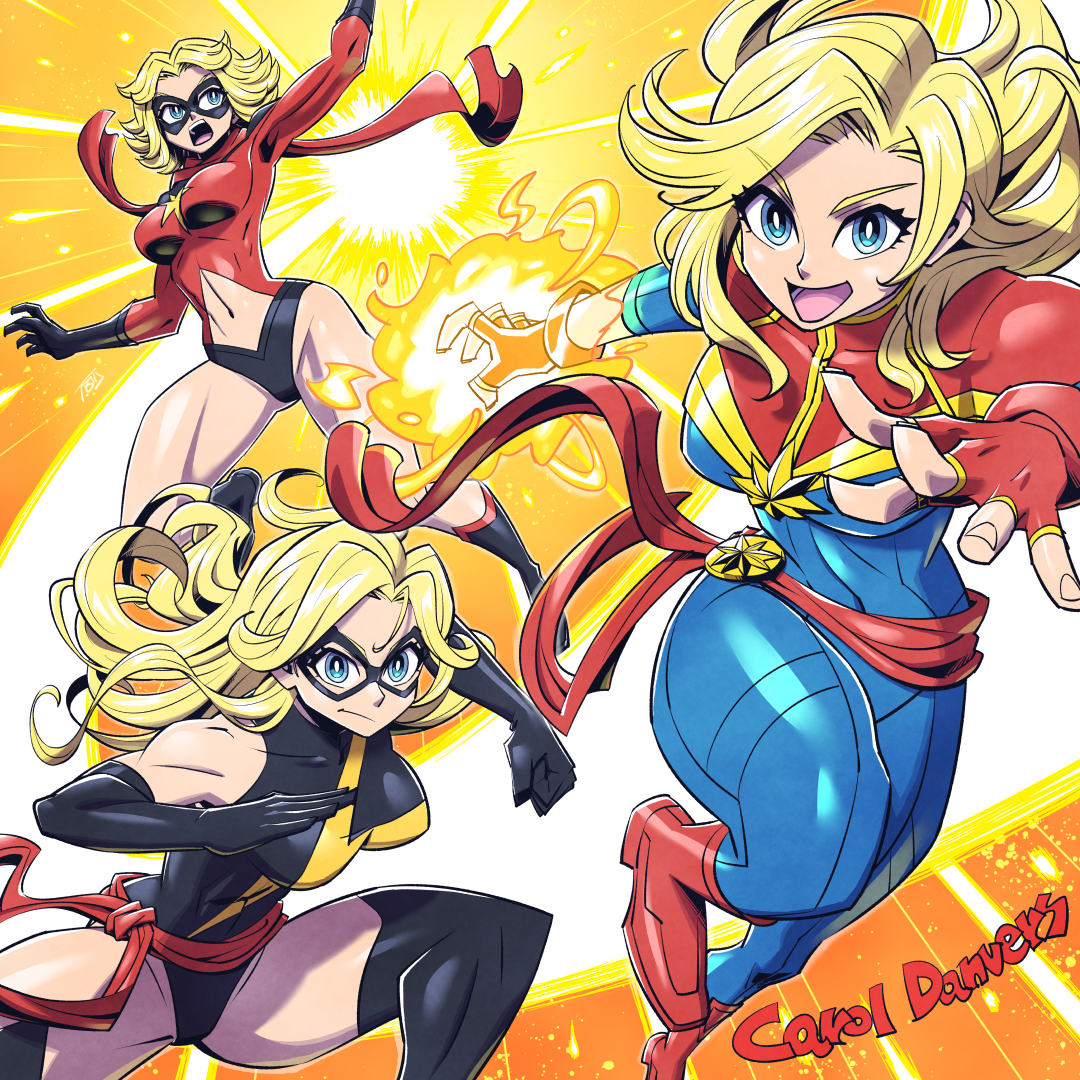 sunafuki tabito, captain marvel, carol danvers, marvel, blonde hair, blue eyes, bodysuit, boots, bright pupils, character name, clothing cutout, domino mask, elbow gloves, eye mask, fingerless gloves, gloves, highleg, highleg leotard, leotard, long hair, mask, multiple persona, multiple views, navel, navel cutout, official alternate costume, open mouth, red sash, red scarf, sash, scarf, sleeveless, superhero costume, thighhighs