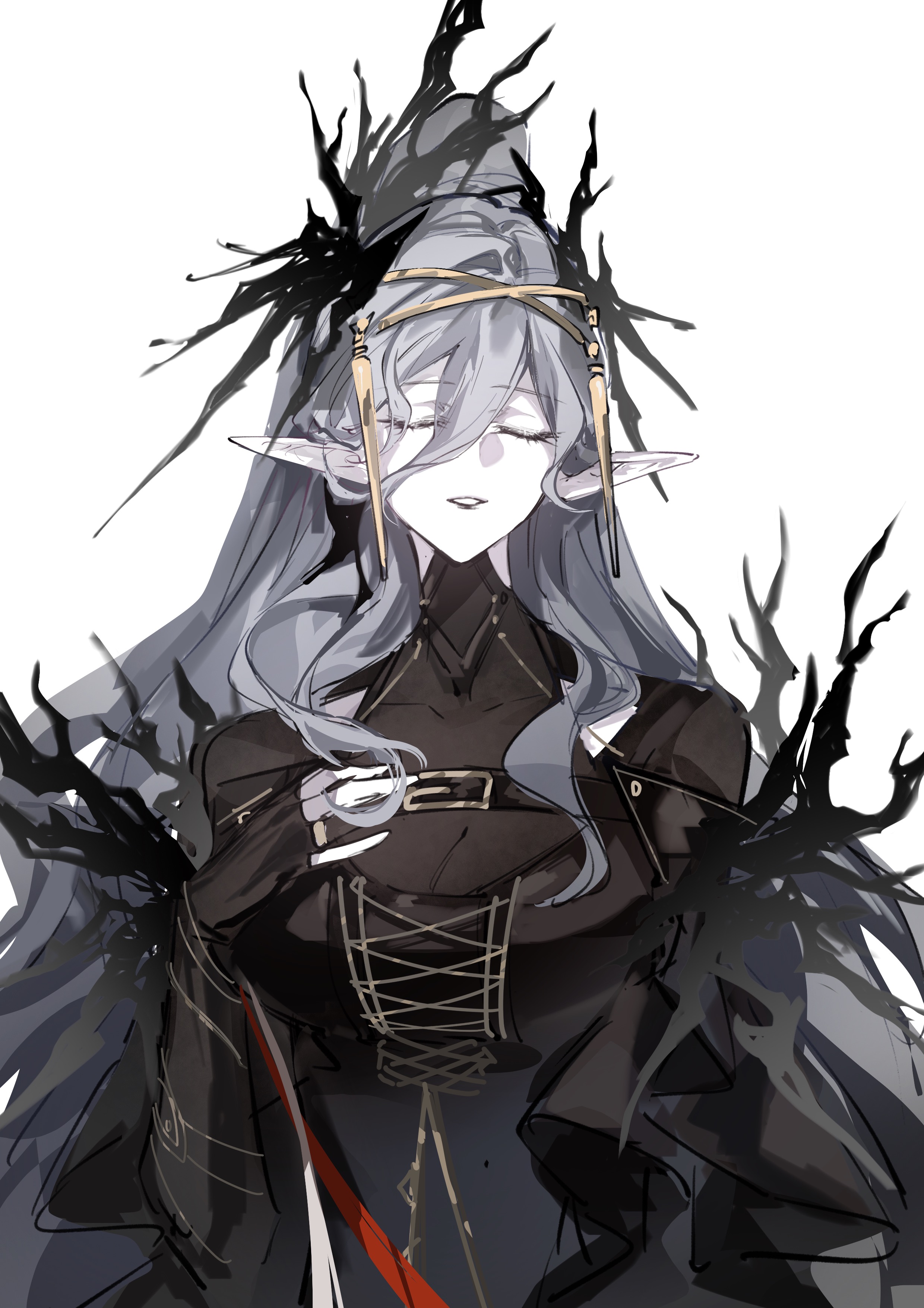 laqeramaline (arknights), arknights, absurdres, highres, 1girl, black dress, breasts, demon girl, demon horns, dress, head wings, horns, large breasts, mature female, pale skin, pointy ears, shurunichenggwkni, solo, wings
