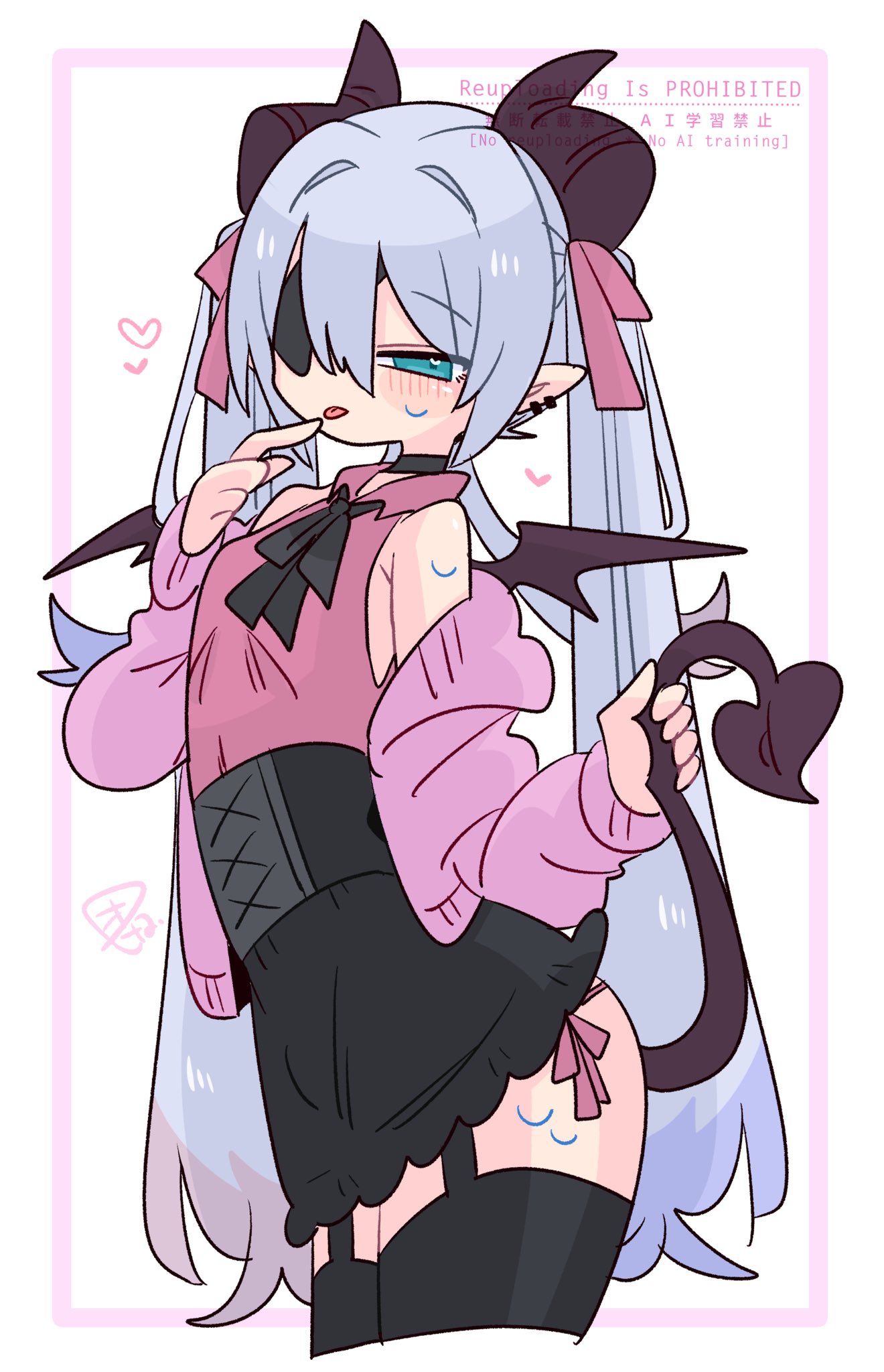 op na yarou, original, commentary, highres, 1boy, arched back, armpit crease, bare shoulders, black choker, black corset, black ribbon, black skirt, black thighhighs, blue eyes, blue hair, blush, bow, cardigan, choker, collared shirt, colored tips, corset, cowboy shot, crossdressing, crossdressing (mtf), demon boy, demon horns, demon tail, double-parted bangs, earclip, eyepatch, finger to mouth, flipped hair, from side, garter straps, hair between eyes, hair bow, hair intakes, hand up, heart, heart-shaped pupils, holding, holding own tail, horns, long hair, long sleeves, looking at viewer, male focus, mini wings, miniskirt, multicolored hair, narrowed eyes, neck ribbon, no nose, off shoulder, one eye covered, open cardigan, open clothes, panties, panty straps, pink bow, pink cardigan, pink panties, pink shirt, pointy ears, purple horns, purple tail, purple wings, quad tails, raised eyebrows, red hair, ribbon, rigel (op na yarou), shirt, side-tie panties, sidelocks, simple background, skirt, sleeveless, sleeveless shirt, solo, standing, straight hair, sweat, symbol-shaped pupils, tail, thighhighs, thighs, tongue, tongue out, trap, underwear, very long hair, watermark, white background, white hair, wings