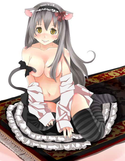 kazuha nanako, nanako (artist), bad id, bad pixiv id, 1girl, animal ears, blush, detached sleeves, female focus, grey hair, long hair, panties, sitting, smile, solo, striped clothes, striped thighhighs, tail, thighhighs, topless female, underwear, yellow eyes