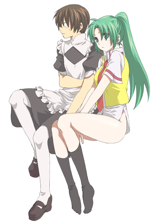 ikuhashi muiko, maebara keiichi, sonozaki mion, higurashi no naku koro ni, 00s, 1boy, 1girl, apron, bottomless, crossdressing, feet, green hair, maid, maid apron, necktie, pantyhose, ponytail, red necktie, socks, trap