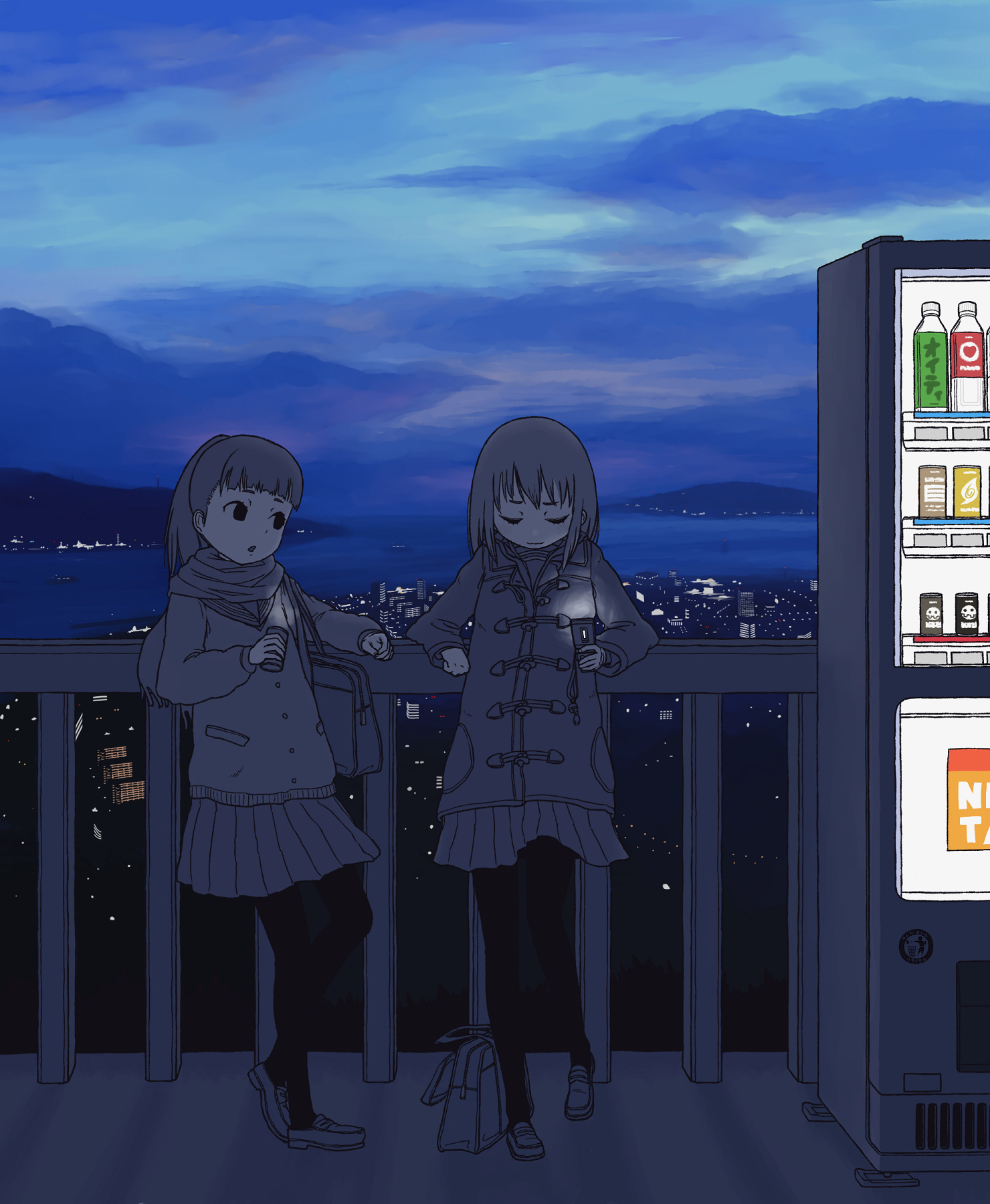 diode (0 division), original, highres, 2girls, bag, can, cellphone, cityscape, coat, leaning, loafers, multiple girls, night, pantyhose, phone, railing, scarf, shoes, shoulder bag, sky, slice of life, vending machine