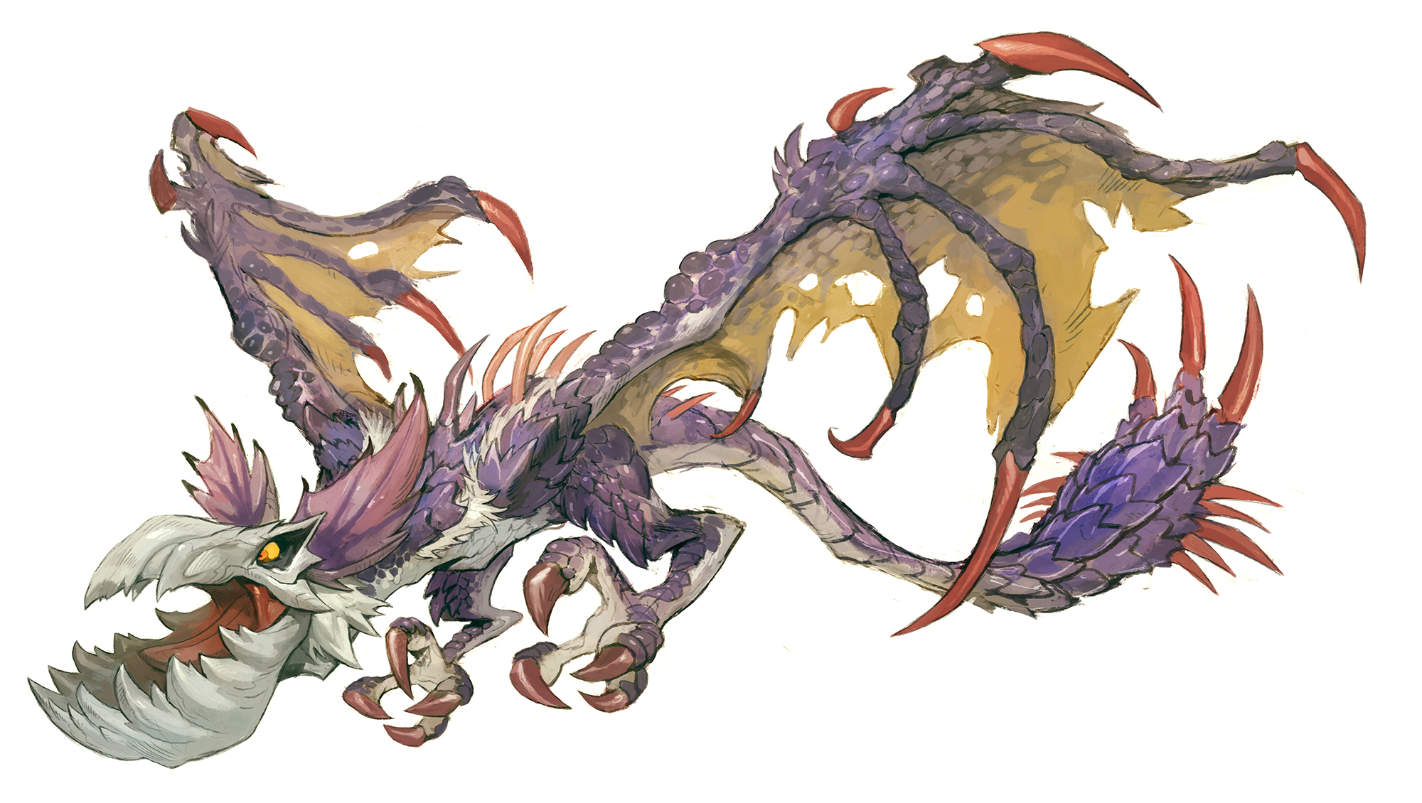 garrett hanna, yian garuga, monster hunter (series), highres, colored sclera, dragon, monster, monster focus, no humans, open mouth, orange eyes, purple scales, solo, spiked tail, spiked wings, spikes, tail, talons, torn wings, white fur, wings, wyvern, yellow sclera