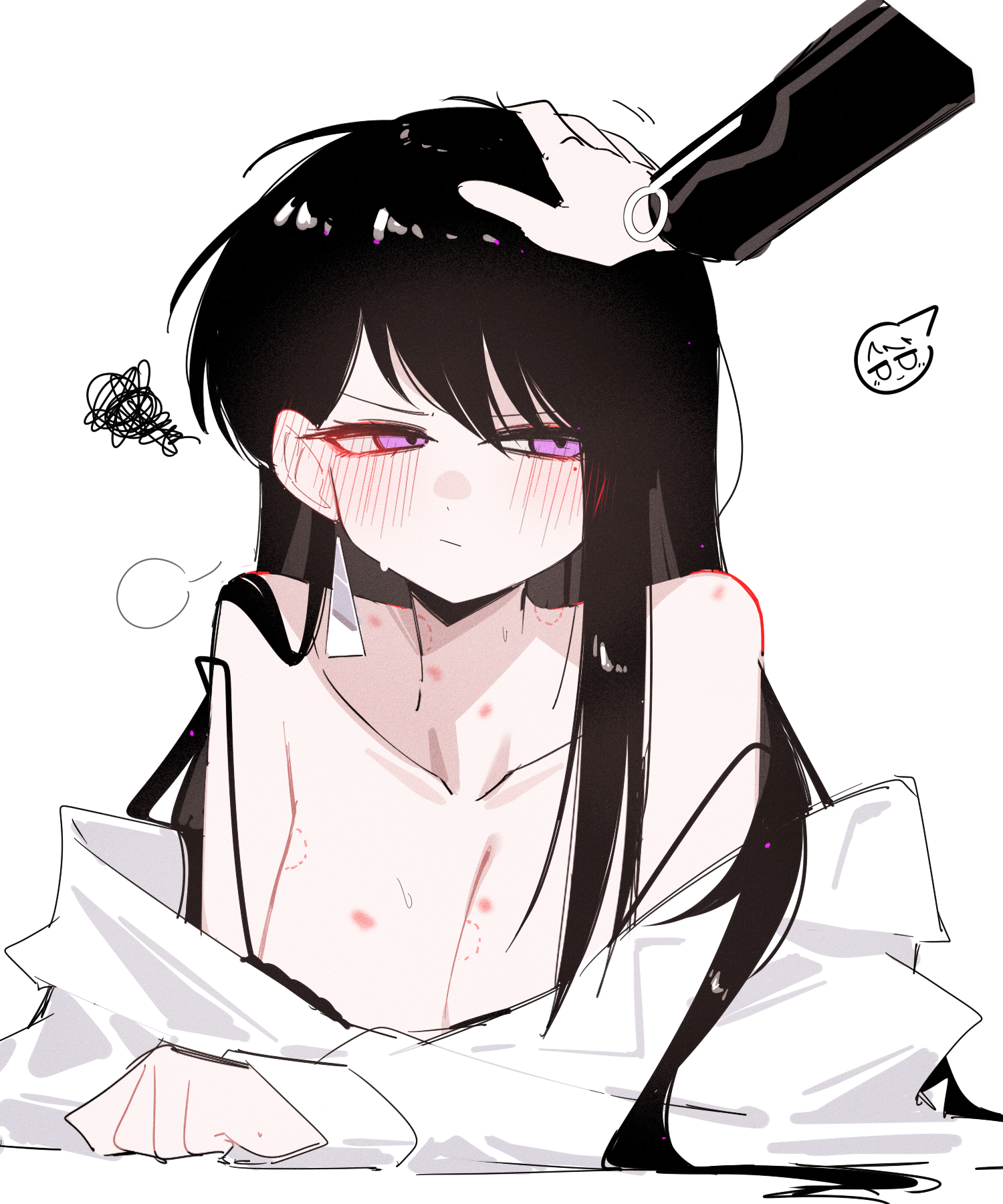 zikiki1092, shiina taki, yahata umiri, bang dream!, bang dream! it's mygo!!!!!, commentary request, highres, 2girls, bite mark, bite mark on breast, bite mark on neck, bite mark on shoulder, black bra, black hair, blush, bra, breasts, cleavage, closed mouth, ear blush, earrings, hand on another's head, headpat, hickey, jewelry, large breasts, long hair, multiple girls, purple eyes, shirt, simple background, squiggle, strap slip, sweat, underwear, white background, white shirt, yuri
