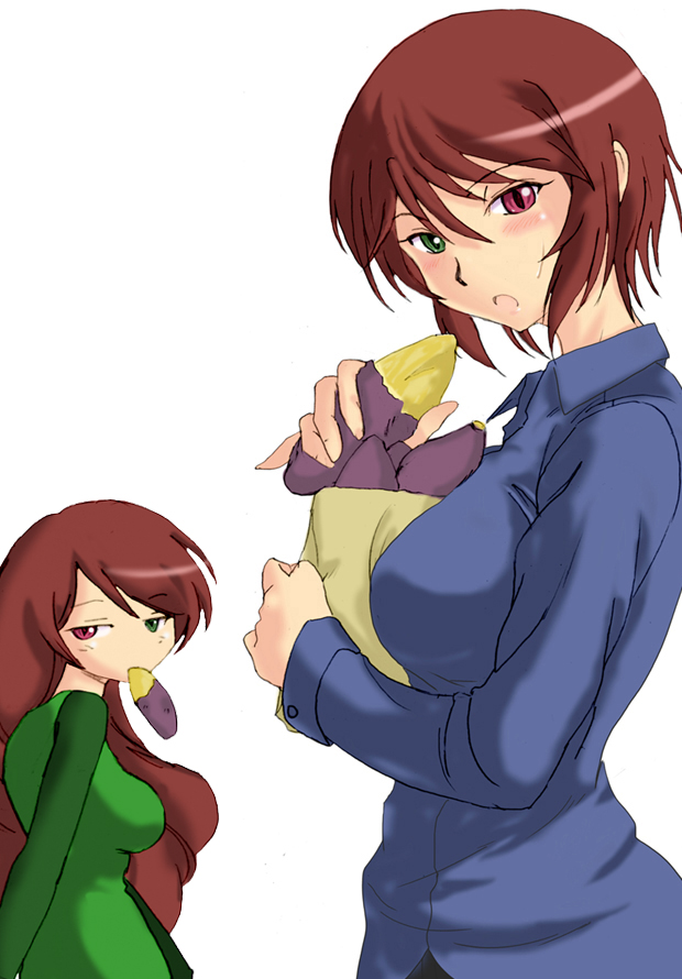 souseiseki, suiseiseki, rozen maiden, 00s, 2girls, aged up, arms behind back, blush, brown hair, casual, eating, green eyes, heterochromia, long hair, looking back, mouth hold, multiple girls, potato, red eyes, short hair, siblings, sisters, twins