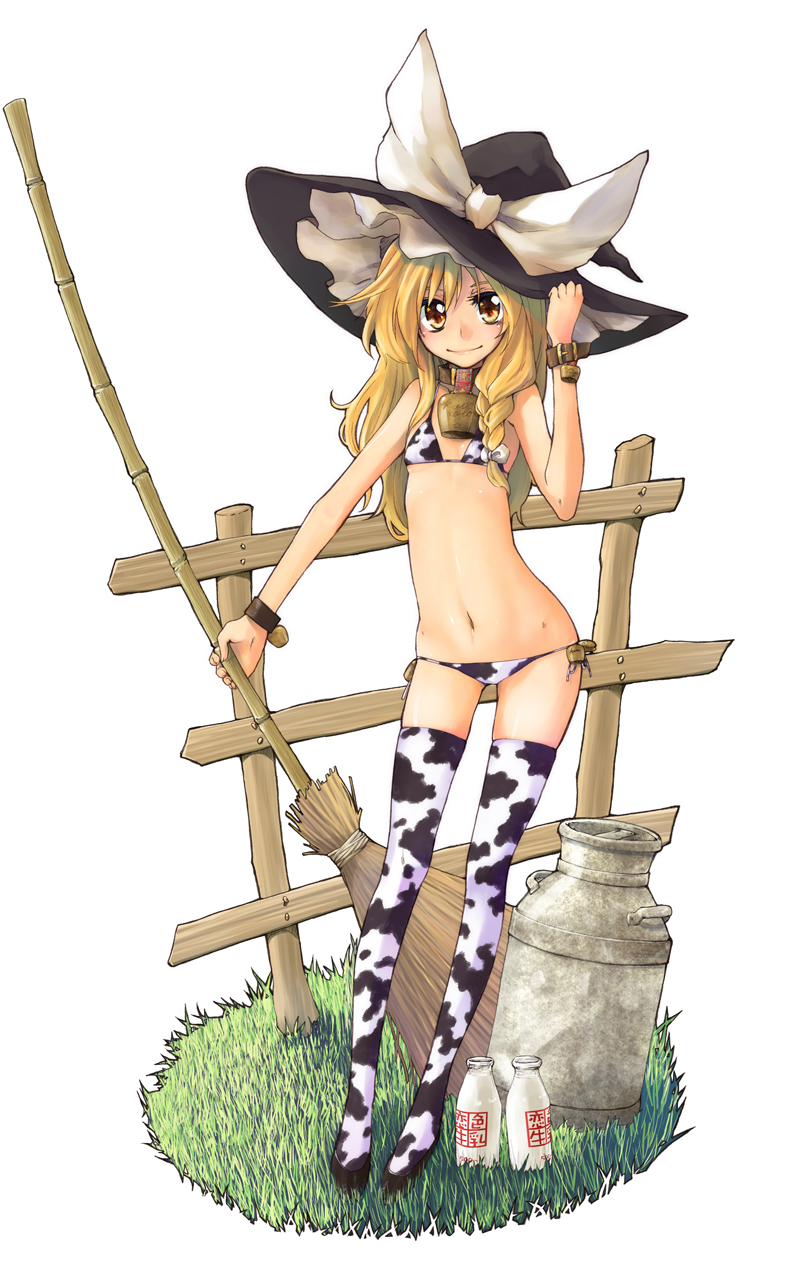 hakui ami, taro2973, kirisame marisa, touhou, tank (container), highres, 1girl, alternate costume, animal print, bell, bikini, blonde hair, bottle, braid, broom, brown eyes, brown hair, collar, cow print, cowbell, female focus, flat chest, hat, long hair, lowleg, lowleg bikini, milk, milk bottle, neck bell, side-tie bikini bottom, side braid, smile, solo, swimsuit, thighhighs, witch hat