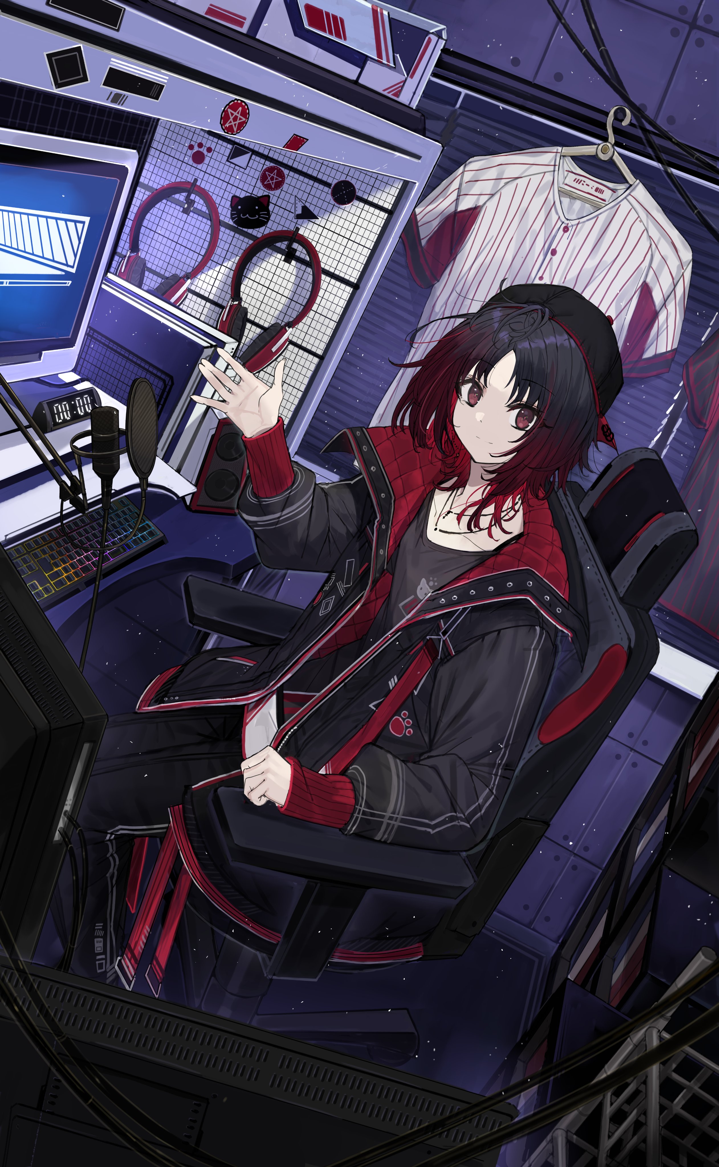 touzai (poppin phl95), kisaragi ren (vtuber), vspo!, absurdres, highres, 1girl, armup, baseball cap, baseball uniform, belt, black hair, black jacket, black pants, black shirt, chair, computer keyboard, cross, cross necklace, full body, gaming chair, gradient hair, hat, headphones, indoors, jacket, jewelry, kisaragi ren (1st costume), layered shirts, long sleeves, looking at viewer, messy hair, microphone, monitor, multicolored hair, multiple monitors, necklace, on chair, open clothes, open jacket, pants, quilted jacket, red eyes, red hair, shirt, shoes, short hair, sitting, smile, sneakers, solo, speaker, sportswear, strap, studio microphone, swivel chair, two-tone hair, virtual youtuber, waving, white background, white shirt