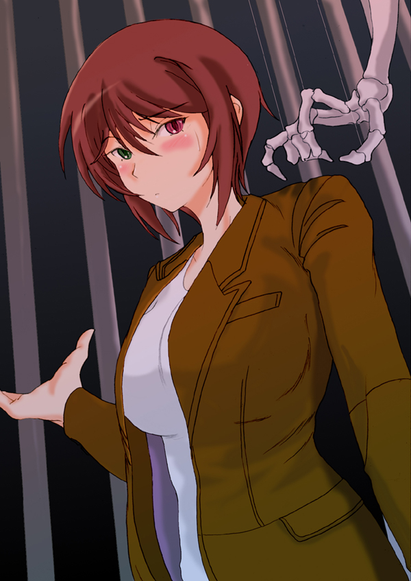 souseiseki, rozen maiden, 00s, aged up, blush, brown hair, casual, green eyes, heterochromia, red eyes, short hair, skeleton, solo