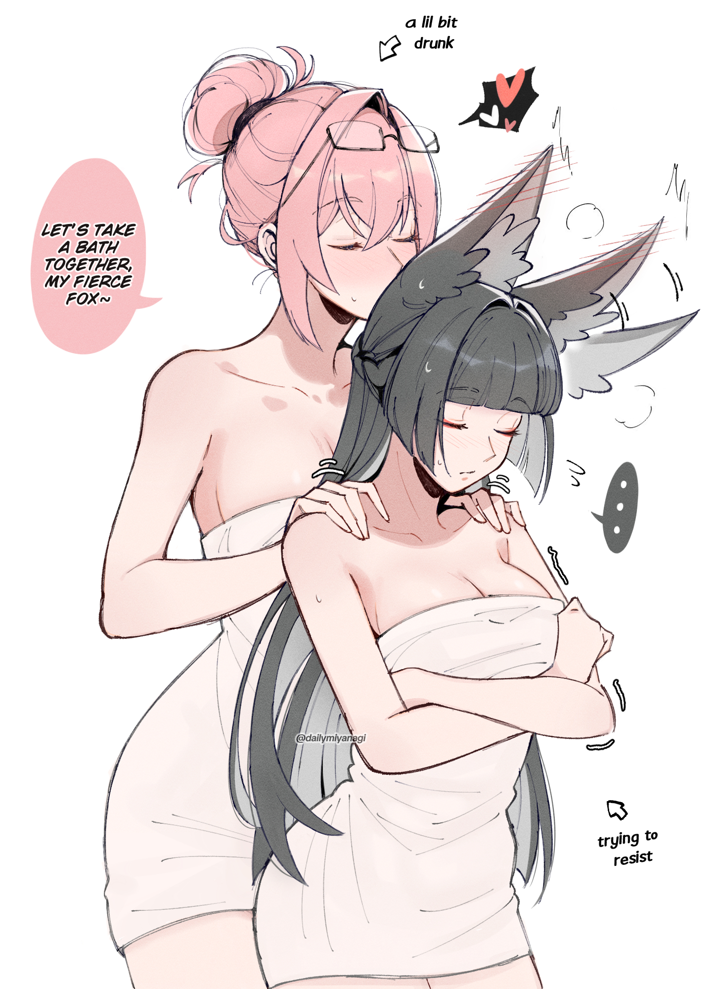 dailymiyanagi, hoshimi miyabi, tsukishiro yanagi, zenless zone zero, highres, revision, …, 2girls, alternate hairstyle, animal ear fluff, animal ears, arrow (symbol), artist name, bare shoulders, black hair, blunt bangs, blush, breasts, cleavage, closed eyes, closed mouth, collarbone, crossed arms, drunk, ear wiggle, english text, eyewear on head, flying sweatdrops, fox ears, fox girl, glasses, hair between eyes, hair bun, hands on another's shoulders, heart, kiss, large breasts, long hair, medium breasts, multiple girls, naked towel, sidelocks, simple background, single hair bun, speech bubble, spoken ellipsis, spoken heart, towel, twitter username, white background, yuri