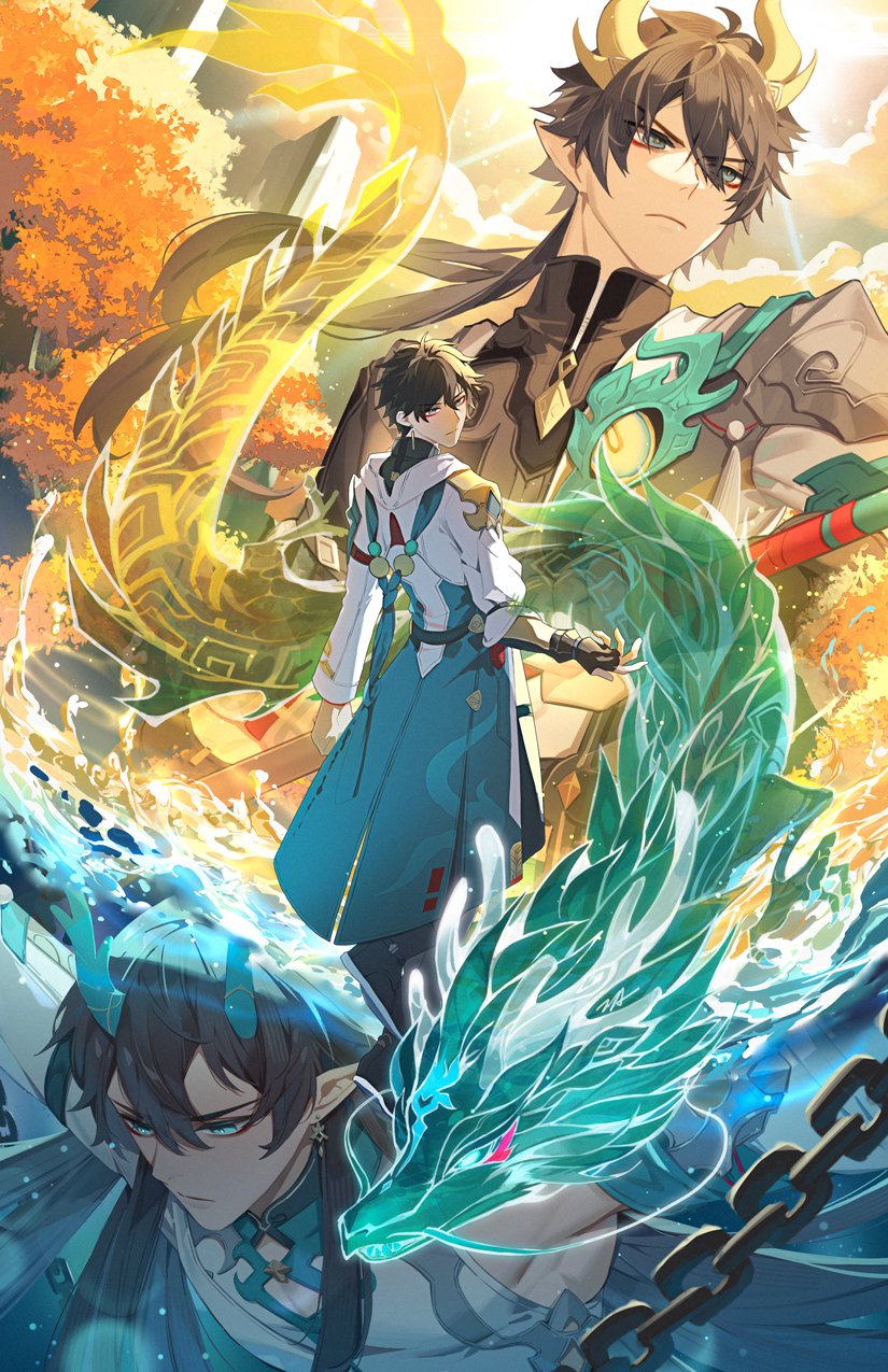 tooaya, dan heng (honkai: star rail), dan heng (hunt) (honkai: star rail), dan heng (imbibitor lunae) (honkai: star rail), dan heng (permansor terrae) (honkai: star rail), honkai: star rail, honkai (series), highres, 3boys, black gloves, black hair, blue eyes, blue horns, closed mouth, dragon, earrings, eyeliner, fingerless gloves, gloves, hair between eyes, horns, jewelry, makeup, multiple boys, multiple persona, pointy ears, red eyeliner, short hair, standing, yellow horns