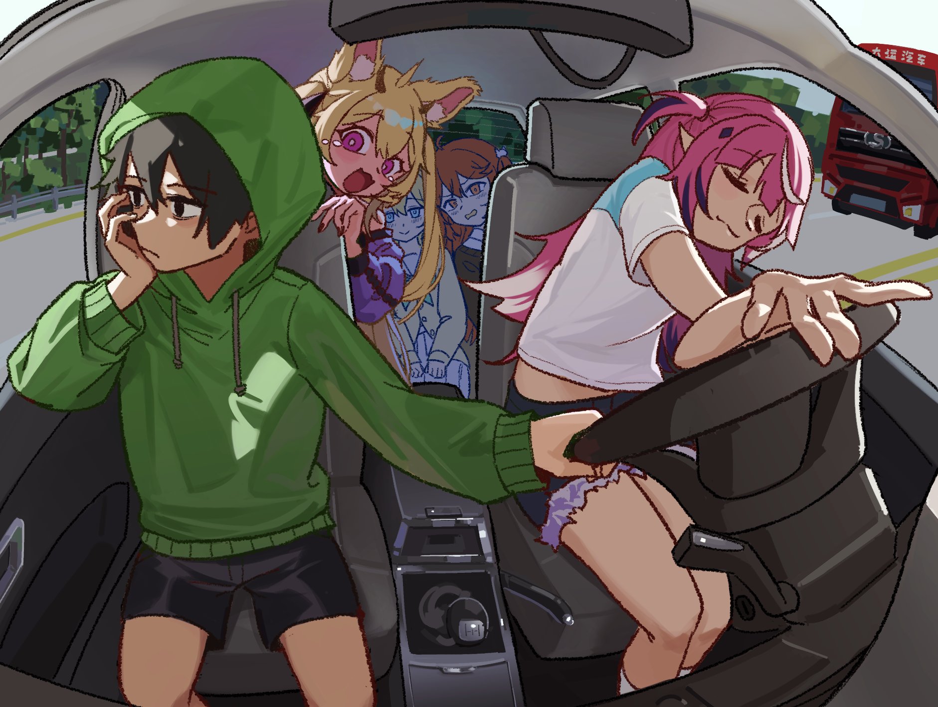 liu xiaosuan suanyu, camila (vtuber), cerber (vtuber), evil neuro-sama, neuro-sama, vedal987, indie virtual youtuber, commentary, english commentary, highres, 1boy, 4girls, black cardigan, black eyes, black hair, black shorts, blonde hair, blue eyes, blue shorts, blue skirt, brown hair, bus, cardigan, closed eyes, day, dress shirt, driving, flying teardrops, green hoodie, hair between eyes, hair ornament, hood, hoodie, long hair, long sleeves, motor vehicle, multicolored hair, multiple girls, open mouth, pink hair, purple eyes, purple sleeves, red eyes, red nails, road, shirt, shorts, skirt, skull hair ornament, sleeping, smile, streaked hair, tree, two side up, vedal ai, virtual youtuber, white hair, white shirt, yellow cardigan