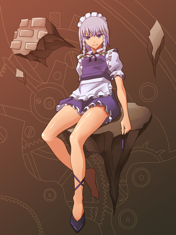 kinoshita (pixiv447104), kinoshita (re1221), izayoi sakuya, touhou, silver hair, bad id, bad pixiv id, 1girl, barefoot, blue eyes, female focus, hairband, knife, maid, ribbon, shoes, short hair, single shoe, solo, throwing knife, weapon