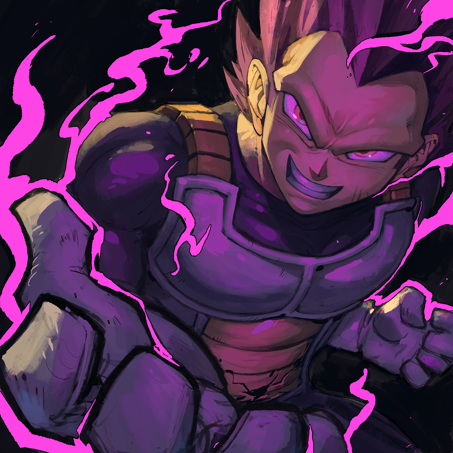 garrett hanna, vegeta, dragon ball, dragon ball super, highres, 1boy, alternate form, armor, aura, black background, bodysuit, crack, gloves, looking at viewer, male focus, no eyebrows, purple eyes, purple hair, smirk, solo, spiked hair, ultra ego (dragon ball), white gloves, widow's peak