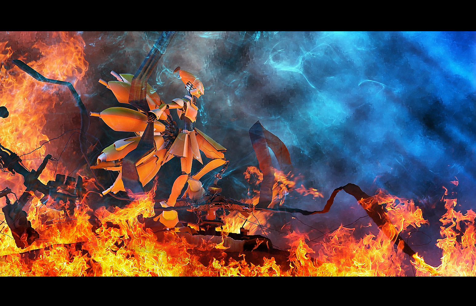 yakumo ran, touhou, 3d, aircraft, female focus, fire, helicopter, letterboxed, mecha, mechanization, no humans, robot, wreckage