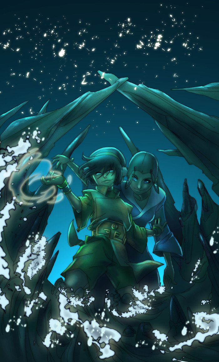 katara, toph beifong, avatar: the last airbender, bending, star, 2girls, black hair, blind, blue eyes, braid, brown hair, dark skin, hairband, hat, multiple girls, night, short hair, water, white eyes, yuri