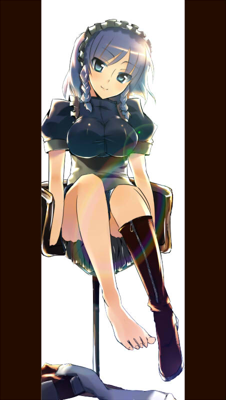 teru teru, izayoi sakuya, touhou, silver hair, bad id, bad pixiv id, 1girl, barefoot, blue eyes, boots, breasts, chair, feet, female focus, full body, hairband, large breasts, lens flare, pillarboxed, ribbon, shoes, short hair, single shoe, sitting, solo