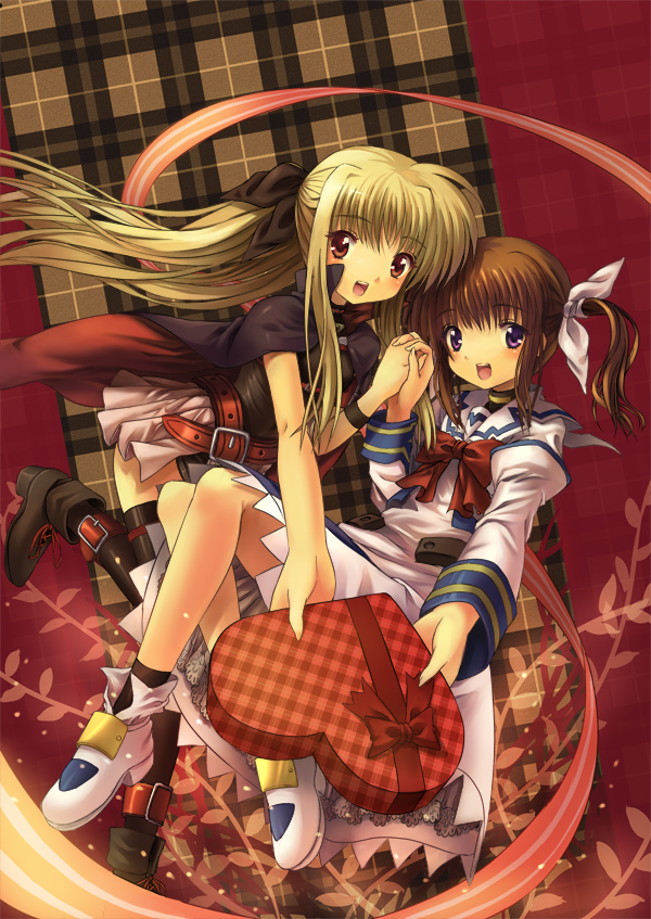 kitiroku, fate testarossa, fate testarossa (original form), takamachi nanoha, takamachi nanoha (original mode), lyrical nanoha, mahou shoujo lyrical nanoha, 00s, 2girls, :o, blonde hair, box, brown hair, heart, heart-shaped box, long hair, looking at viewer, multiple girls, open mouth, red eyes, twintails, valentine, very long hair