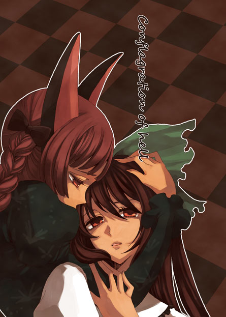 rinka, kaenbyou rin, reiuji utsuho, touhou, bad id, bad pixiv id, 2girls, animal ears, brown hair, cat ears, cat girl, female focus, hug, multiple girls, red eyes, red hair, ribbon