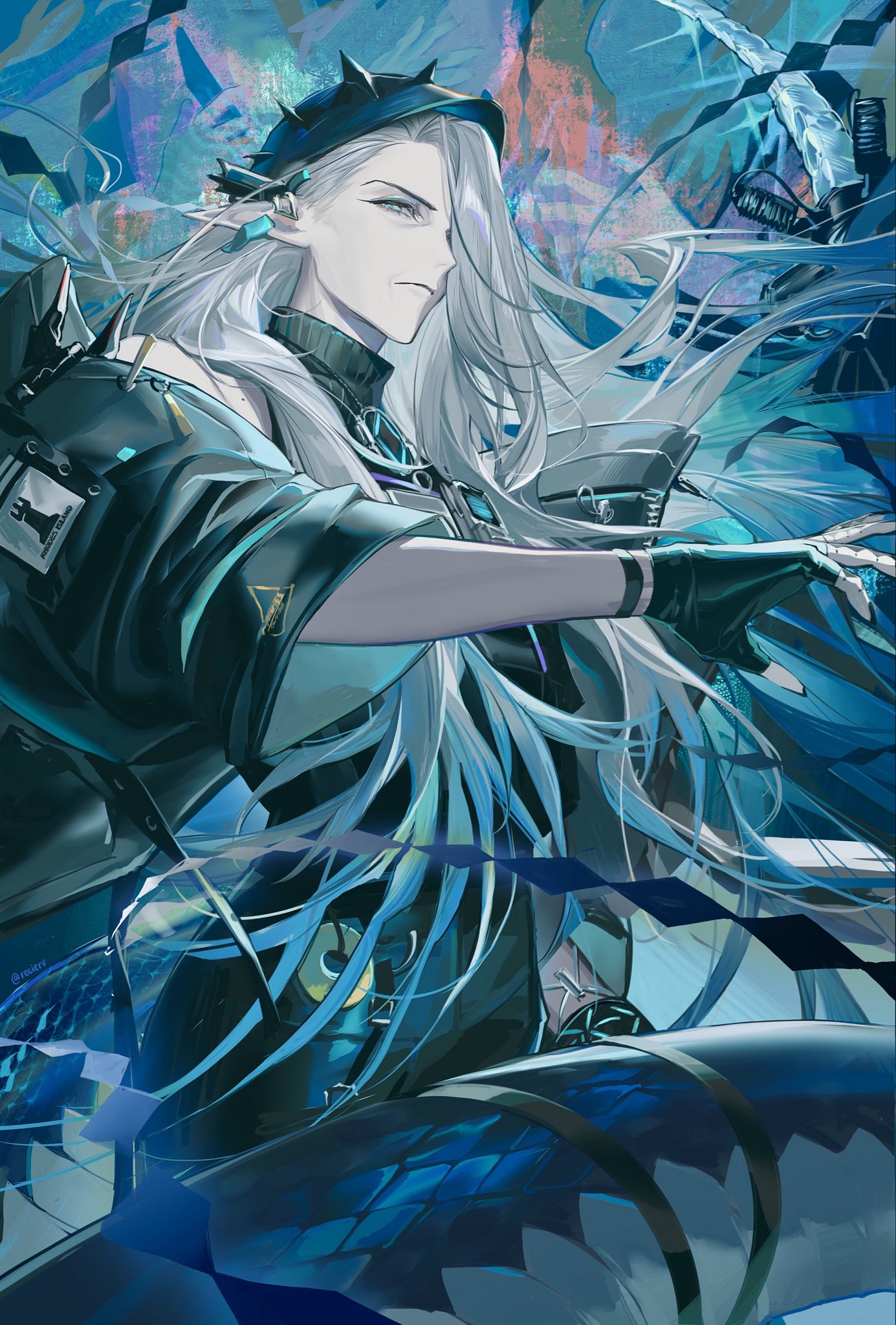 kaido jun, arknights, commentary request, highres, 1girl, aqua hair, gradient hair, grey hair, long hair, mantra (arknights), multicolored hair, old, old woman, pointy ears, slit pupils, snake girl, snake tail, solo, tail
