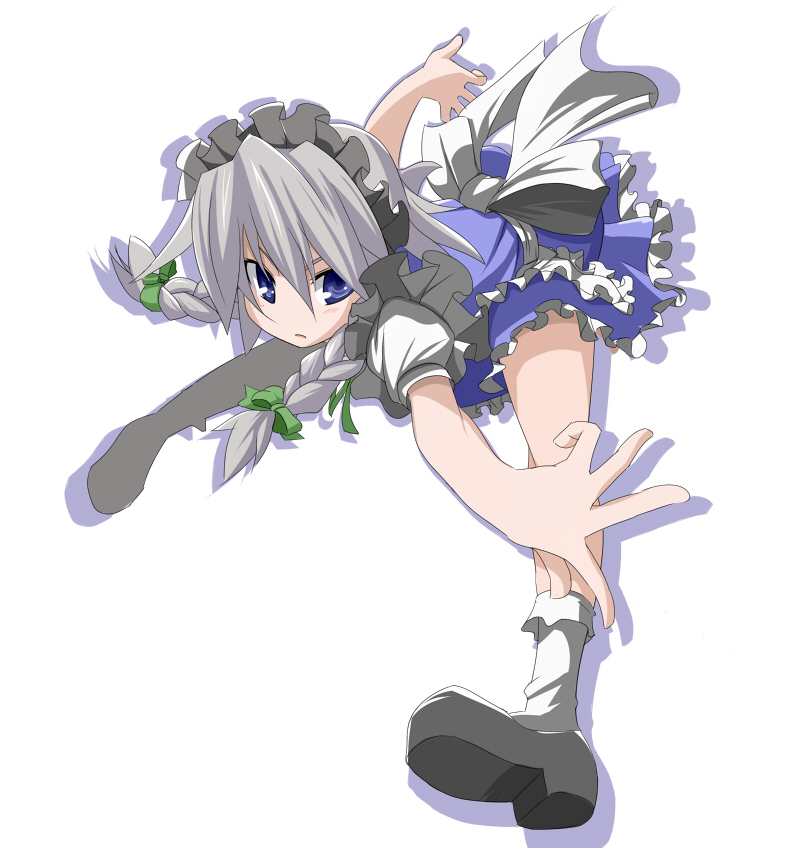 miko machi, izayoi sakuya, touhou, silver hair, 1girl, blue eyes, female focus, foreshortening, full body, hairband, maid, ribbon, short hair, simple background, solo, white background