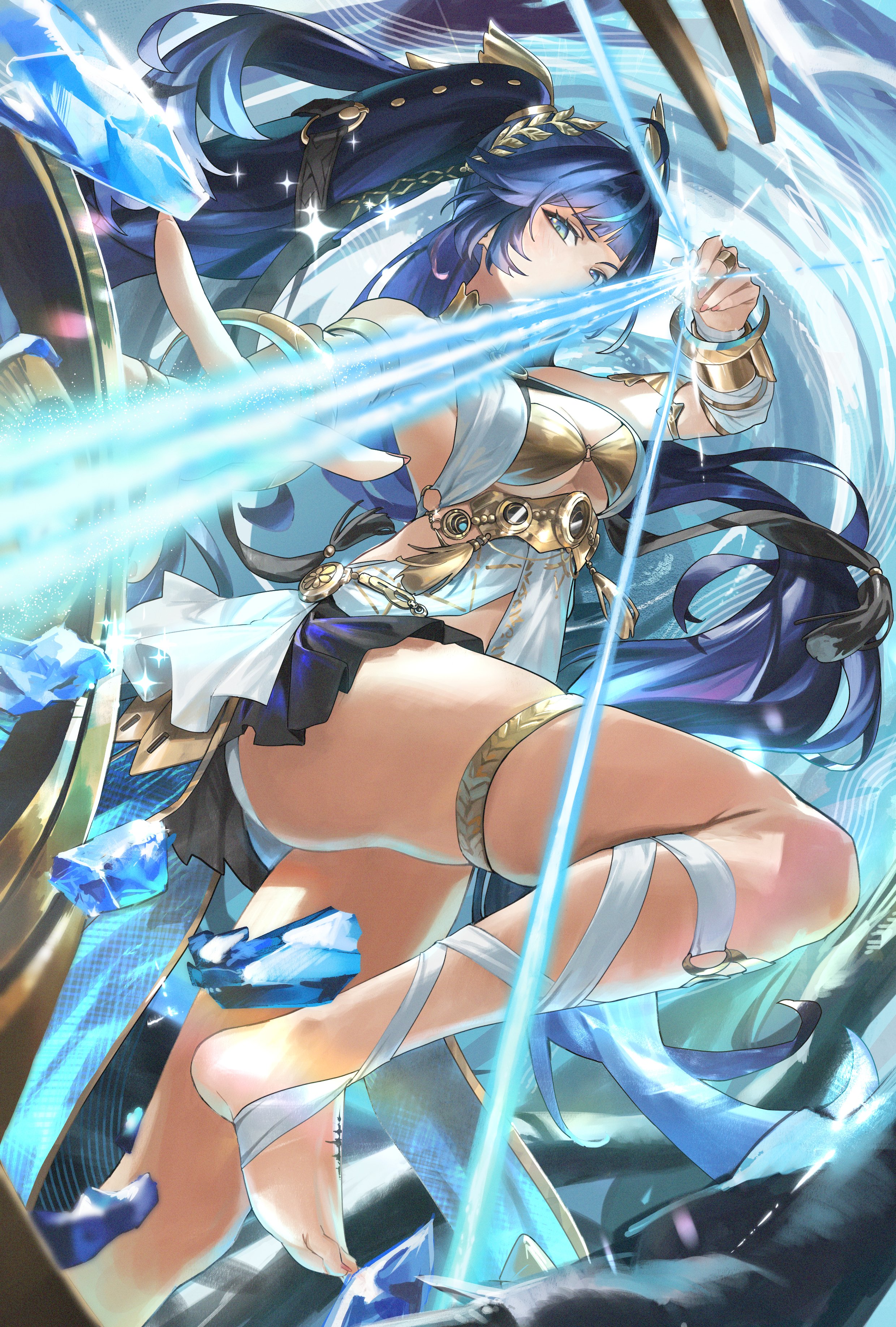 hanasawa (hanasawa062), iuno (wuthering waves), wuthering waves, absurdres, commentary, hashtag-only commentary, highres, 1girl, ahoge, ancient greek clothes, barefoot, black skirt, blue eyes, blue hair, breasts, energy weapon, feet, fingernails, foot out of frame, gold bra, greco-roman clothes, jewelry, large breasts, laurel crown, leg wrap, long hair, looking at viewer, miniskirt, multicolored hair, skirt, solo, streaked hair, tacet mark (wuthering waves), thighlet, thighs, toes, twintails, very long hair