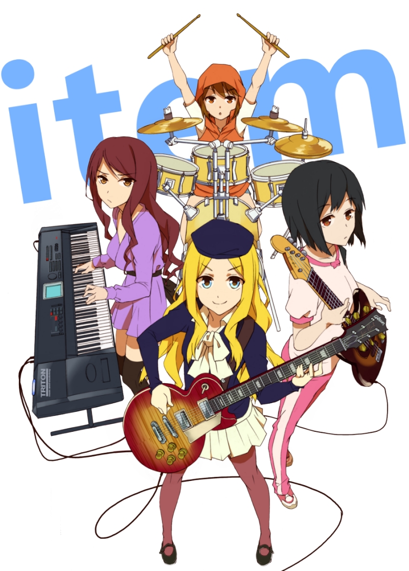 inomata mamoru, frenda seivelun, kinuhata saiai, mugino shizuri, takitsubo rikou, k-on!, toaru kagaku no railgun, toaru kagaku no railgun s, toaru majutsu no index, commentary request, textless version, >:), 4girls, age difference, arms up, bare arms, beret, black hair, black shoes, black thighhighs, blonde hair, blue eyes, blue hat, breasts, brown eyes, brown hair, brown pantyhose, cable, closed mouth, collared shirt, dress, drum, drum set, drumsticks, electric guitar, expressionless, full body, guitar, gym shirt, hand up, hat, holding, holding drumsticks, holding guitar, holding instrument, hood, hood up, hooded vest, hoodie, instrument, item (toaru), long hair, long sidelocks, long sleeves, looking at viewer, medium breasts, medium hair, miniskirt, multiple girls, orange hoodie, pants, pantyhose, parted lips, pink pants, pleated skirt, purple dress, shirt, shoes, short dress, short hair, short shorts, short sleeves, shorts, sidelocks, simple background, sitting, skirt, sleeveless, sleeveless hoodie, sneakers, standing, synthesizer, thighhighs, track pants, v-shaped eyebrows, vest, wavy hair, white background, white shirt, zettai ryouiki