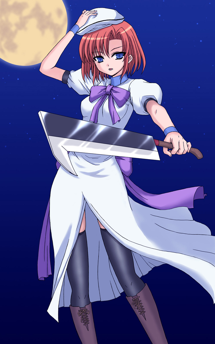 amane hasuhito, hasu (pixiv515127), ryuuguu rena, higurashi no naku koro ni, bad id, bad pixiv id, highres, 00s, 1girl, beret, billhook, black thighhighs, blue eyes, boots, female focus, hand on headwear, hashitsuki nata, hat, hatchet, lace-up boots, moon, nata (tool), night, orange hair, outdoors, short hair, skindentation, slit pupils, solo, thighhighs