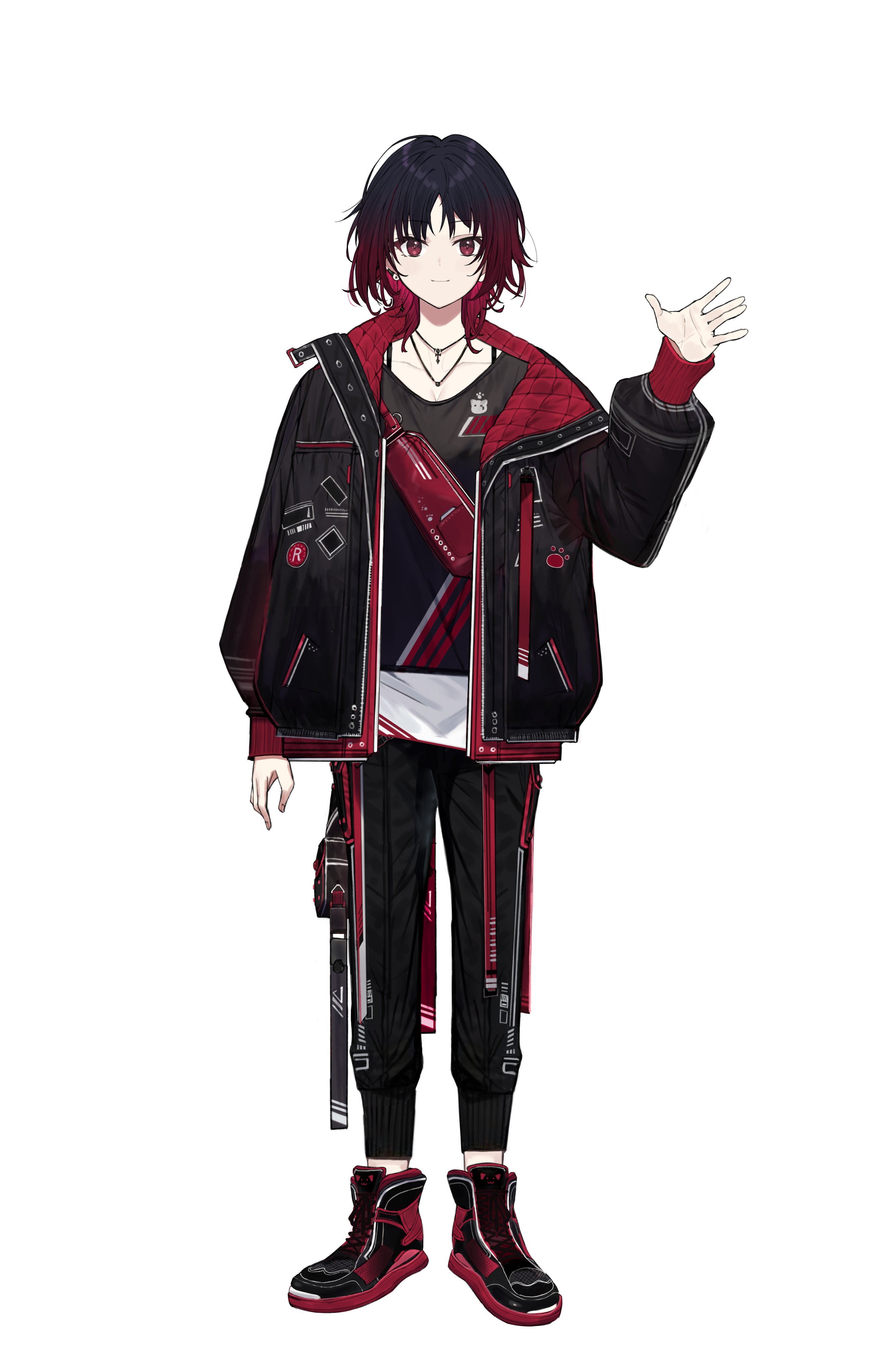 touzai (poppin phl95), kisaragi ren (vtuber), vspo!, absurdres, highres, 1girl, arm up, bag, belt, black bag, black hair, black jacket, black pants, black shirt, collarbone, cross, cross necklace, crossbody bag, full body, gradient hair, jacket, jewelry, kisaragi ren (1st costume), looking at viewer, messy hair, multicolored hair, necklace, open clothes, open jacket, pants, quilted jacket, red eyes, red hair, shirt, shoes, short hair, sneakers, solo, standing, strap, two-tone hair, virtual youtuber, waving, white background, white shirt