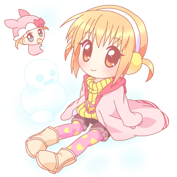 mirai (sugar), pepe (shugo chara!), yuiki yaya, shugo chara!, 2girls, blonde hair, blush, brown eyes, earmuffs, heart, heart print, leggings, leggings under shorts, looking at viewer, multiple girls, pantyhose, ribbed sweater, shorts, sitting, snowman, sweater, tareme, turtleneck, twintails