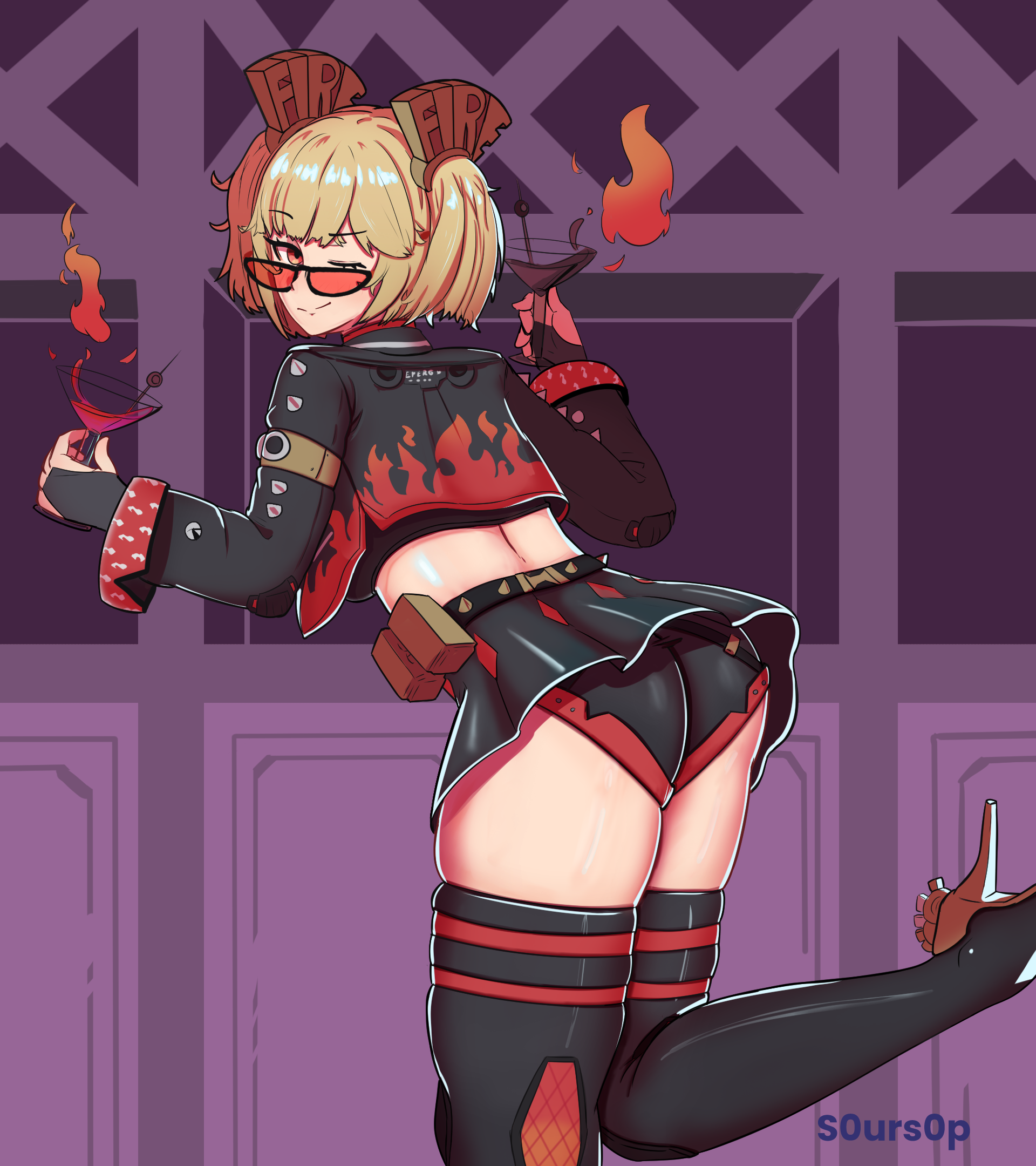 burnice white, zenless zone zero, commentary, english commentary, highres, 1girl, alcohol, ass, black skirt, blonde hair, blush, boots, breasts, cup, drinking glass, fire, high heels, leg up, looking at viewer, one eye closed, pleated skirt, red eyes, s0urs0p, short twintails, signature, skirt, sunglasses, thigh boots, thighs, twintails, wine glass
