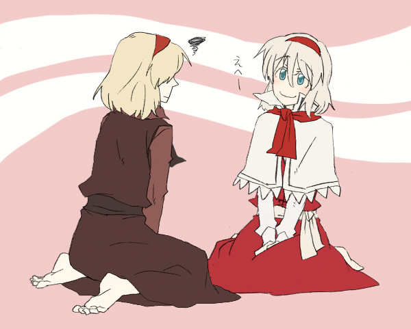 torinone, alice margatroid, touhou, 2girls, alternate color, aqua eyes, barefoot, clone, dual persona, feet, female focus, full body, multiple girls, sitting