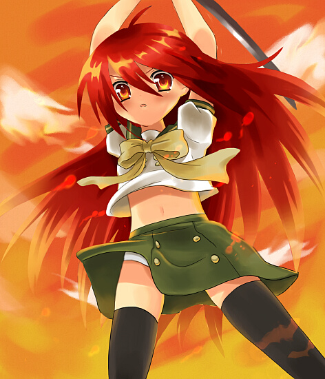 hayama eishi, nari otoko, shana, shakugan no shana, bad id, bad pixiv id, 00s, 1girl, female focus, long hair, midriff, navel, panties, pantyshot, red eyes, red hair, school uniform, solo, sword, thighhighs, underwear, weapon