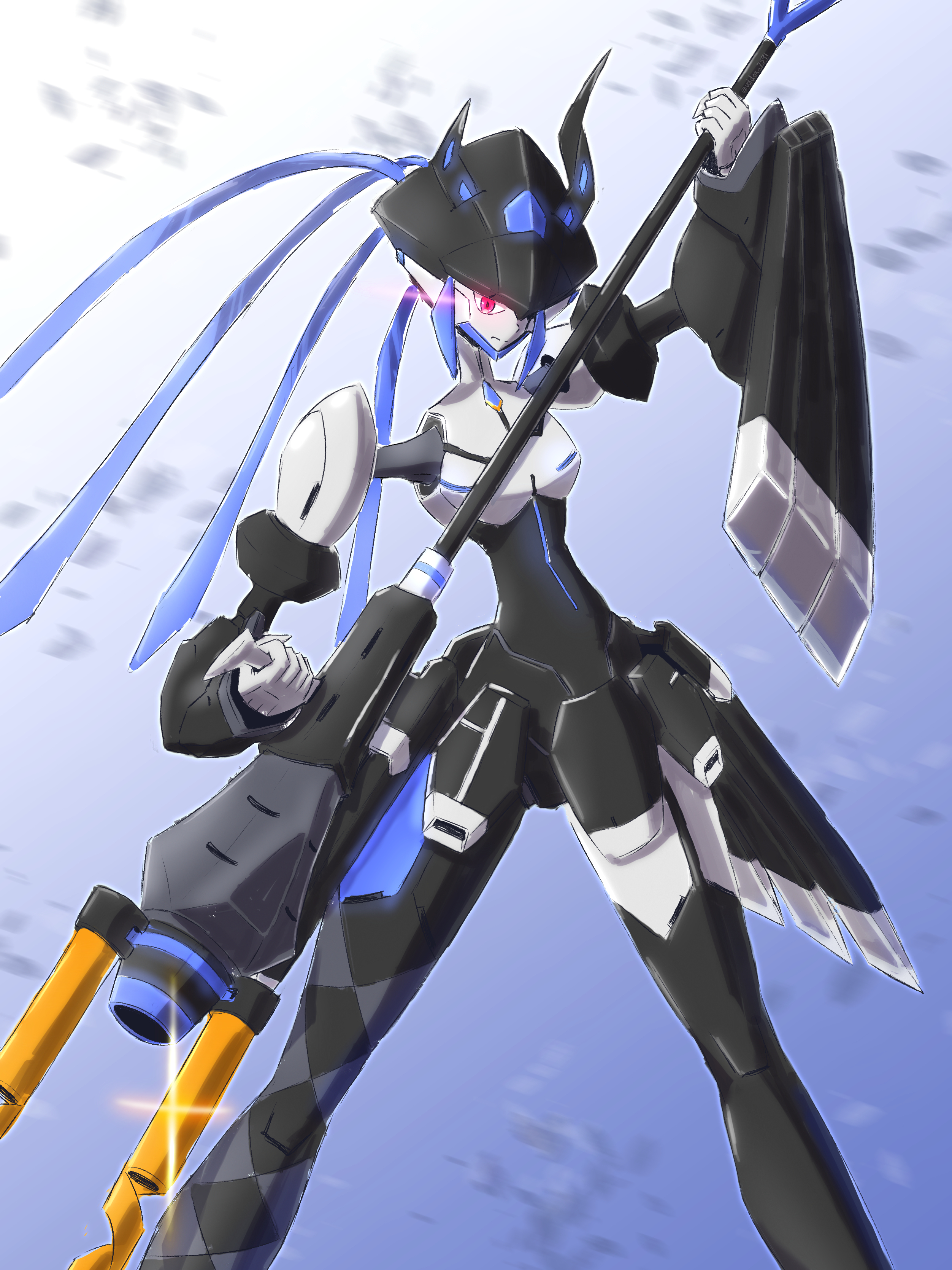voldox, nerissa ravencroft, darling in the franxx, hololive, hololive english, absurdres, highres, 1girl, asymmetrical horns, black hair, blue hair, blush, breasts, colored inner hair, demon horns, hair ornament, horns, large breasts, long hair, looking at viewer, mecha, mole, mole under eye, multicolored hair, multiple girls, red eyes, robot, robot girl, shirt, smile, solo, two-tone hair, uneven horns, very long hair, virtual youtuber