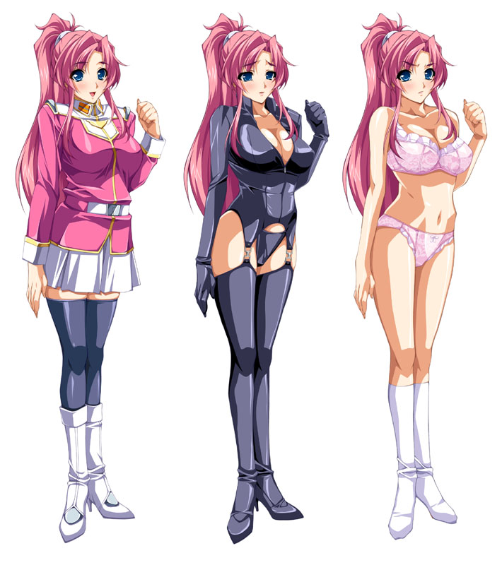 kuroishi ringo, nora stuart, liquid (company), ryoujoku guerilla gari, ryoujoku guerilla gari 3, game cg, 00s, 1girl, alternate costume, blue eyes, blush, boots, bra, breasts, cleavage, high heels, knee boots, kneehighs, large breasts, lingerie, long hair, midriff, panties, pink hair, ponytail, shoes, skirt, socks, standing, thighhighs, underwear, zettai ryouiki