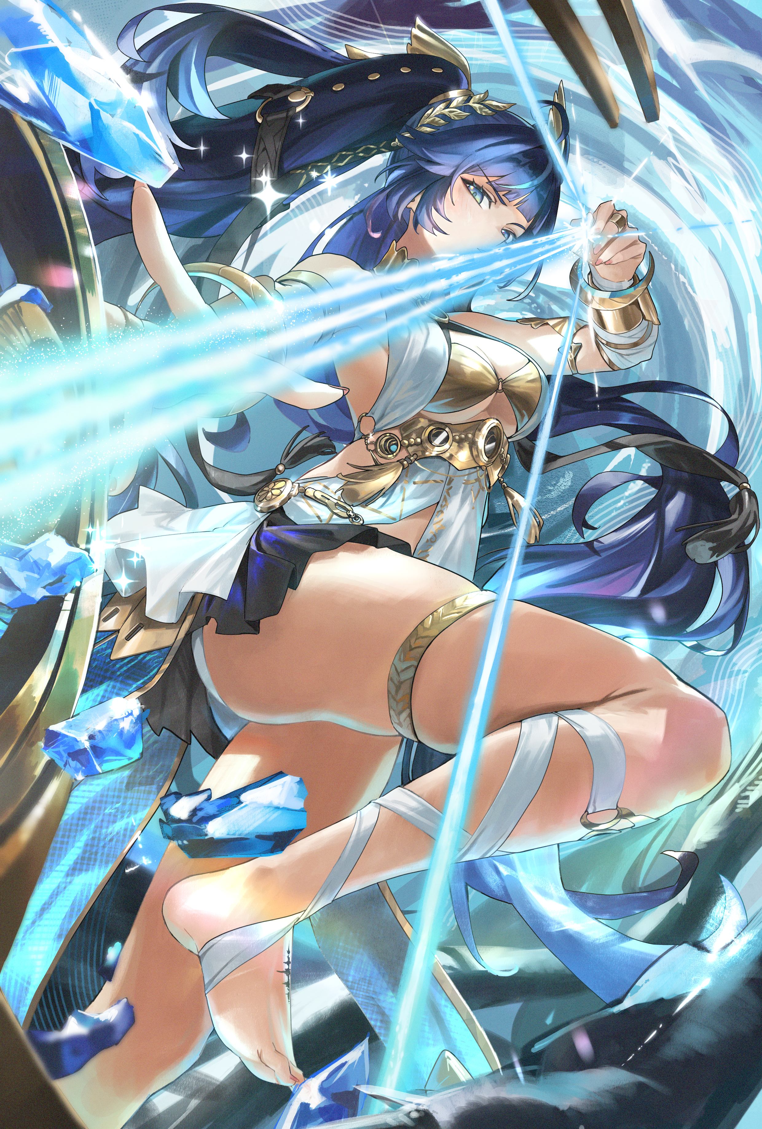 hanasawa (hanasawa062), iuno (wuthering waves), wuthering waves, absurdres, commentary, highres, 1girl, ahoge, ancient greek clothes, barefoot, black skirt, blue eyes, blue hair, breasts, energy weapon, feet, fingernails, foot out of frame, gold bra, greco-roman clothes, jewelry, large breasts, laurel crown, leg wrap, long hair, looking at viewer, miniskirt, multicolored hair, skirt, solo, streaked hair, tacet mark (wuthering waves), thighlet, thighs, toes, twintails, very long hair