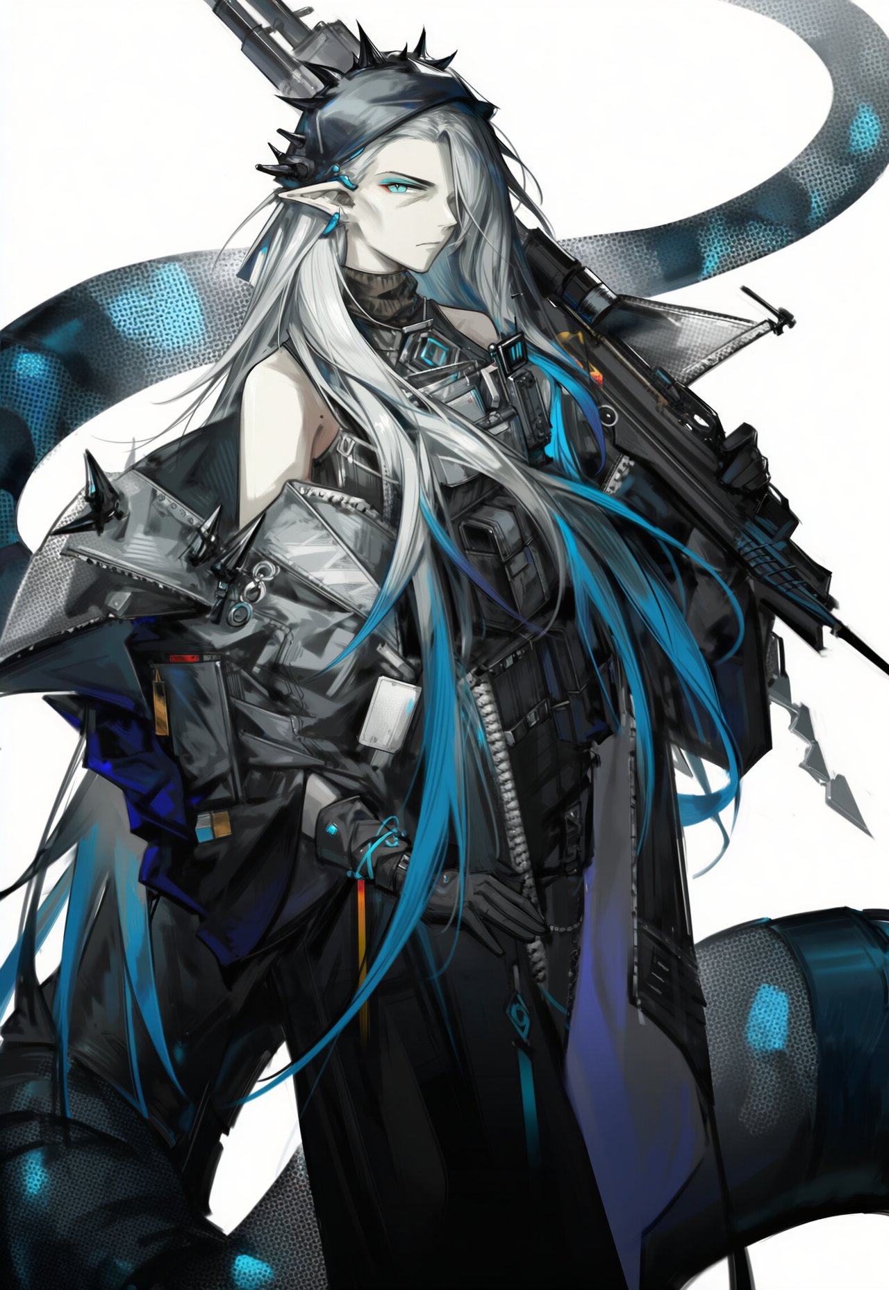 arknights, highres, 1girl, aqua hair, gradient hair, grey hair, long hair, mantra (arknights), multicolored hair, nmhxjrvjfj64131, old, old woman, pointy ears, slit pupils, snake girl, snake tail, solo, tail