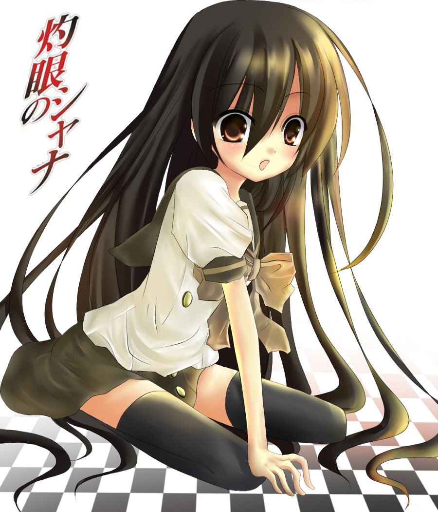 marimo (pixiv197410), shana, shakugan no shana, 00s, black hair, brown eyes, long hair, school uniform, solo, thighhighs, zettai ryouiki